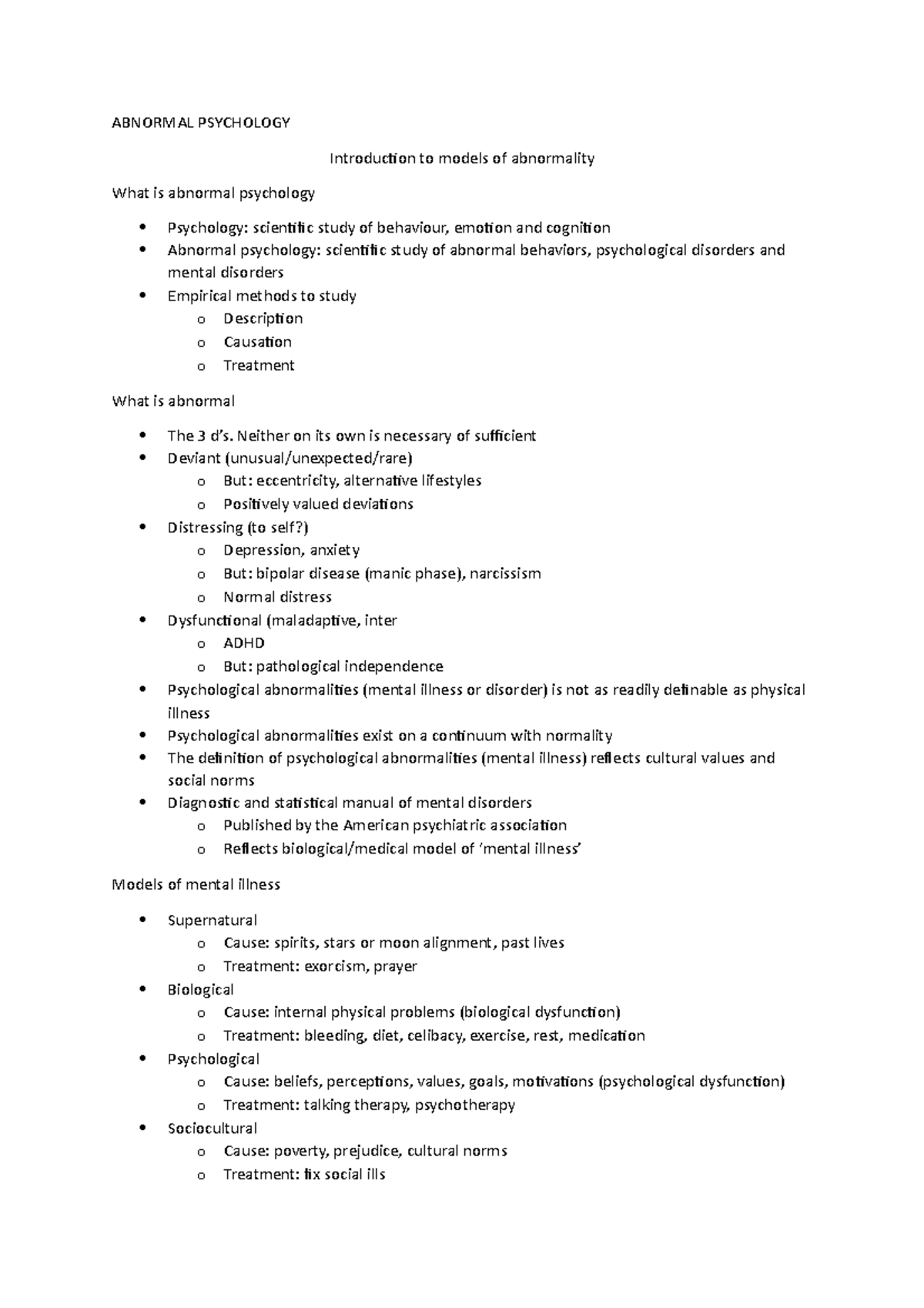 Abnormal Psychology summary notes - ABNORMAL PSYCHOLOGY Introduction to ...