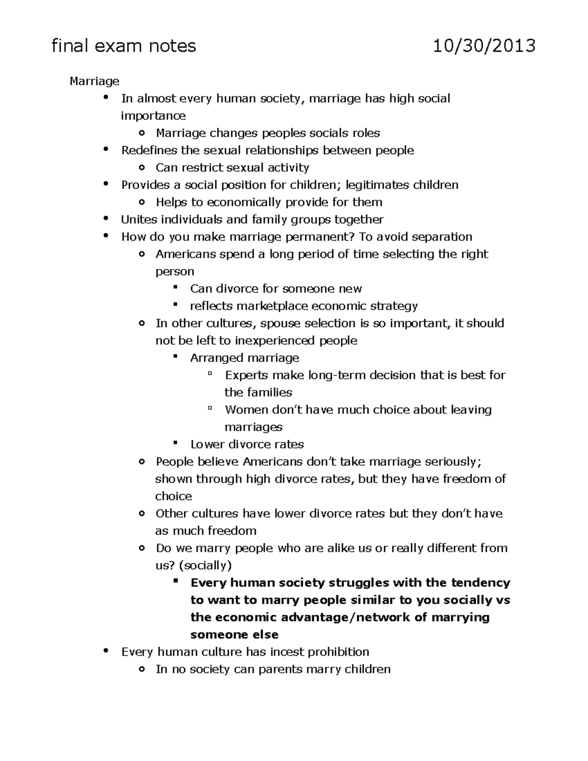 Anthropology Final Exam Notes - Final Exam Notes 10 30  Marriage In 