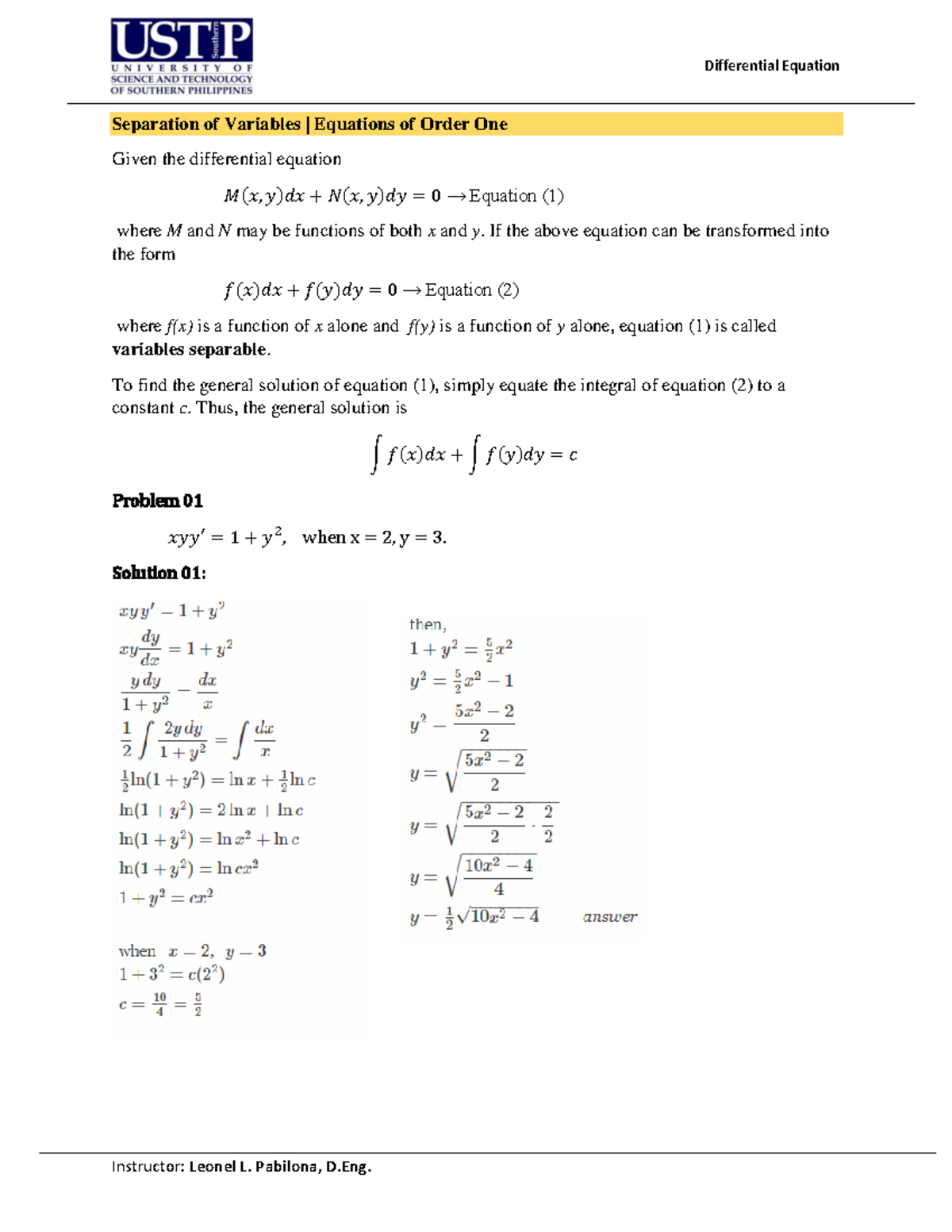 Differential Equation ES 208 Topic 2 - Separation of Variables ...