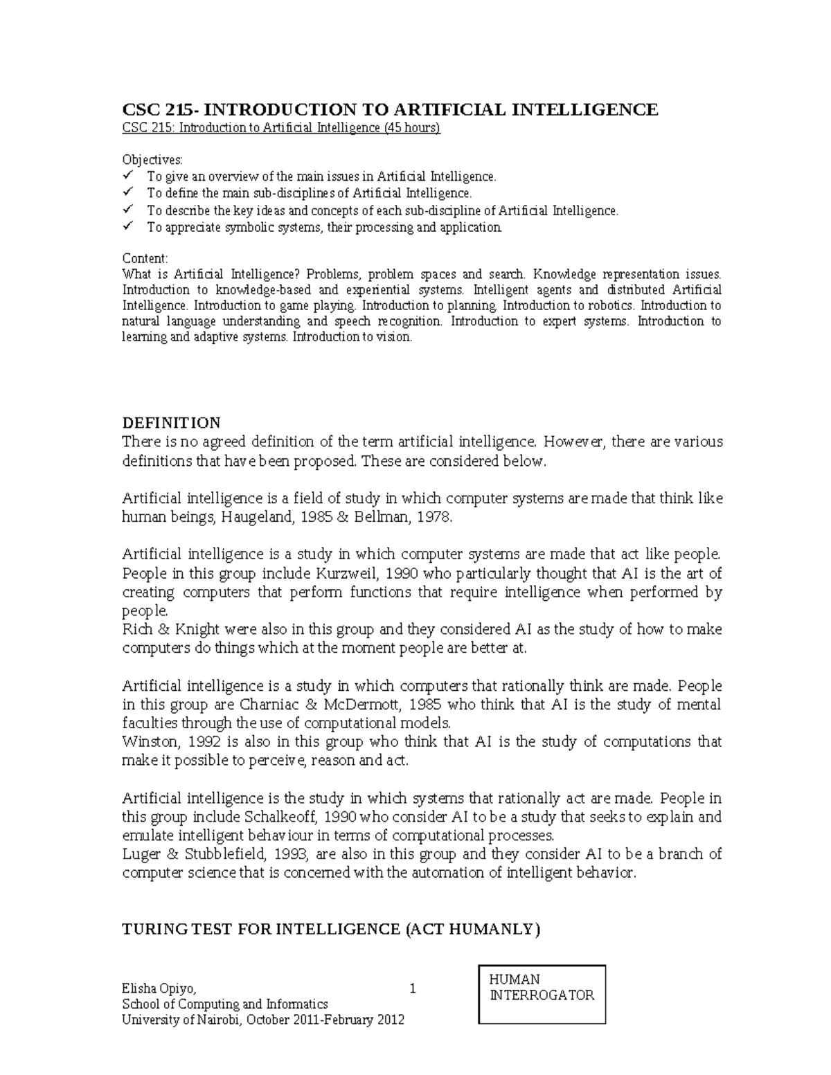 CSC 215 Notes - CSC 215- INTRODUCTION TO ARTIFICIAL INTELLIGENCE CSC ...