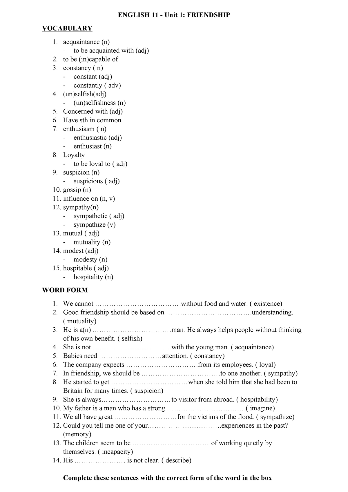 E11 - Practice TEST UNIT 1 - Friendship 3eadb-2 - ENGLISH 11 - Unit 1 ...