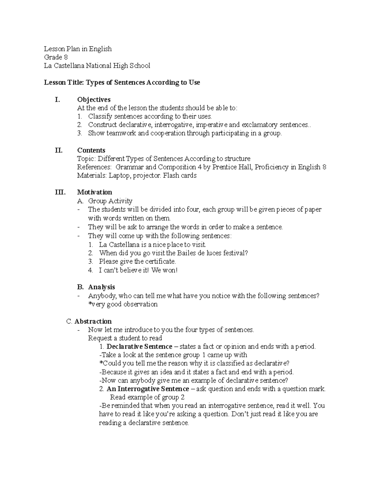 Lesson Plan In English Lesson Plan In English Grade 8 La Castellana National High School 