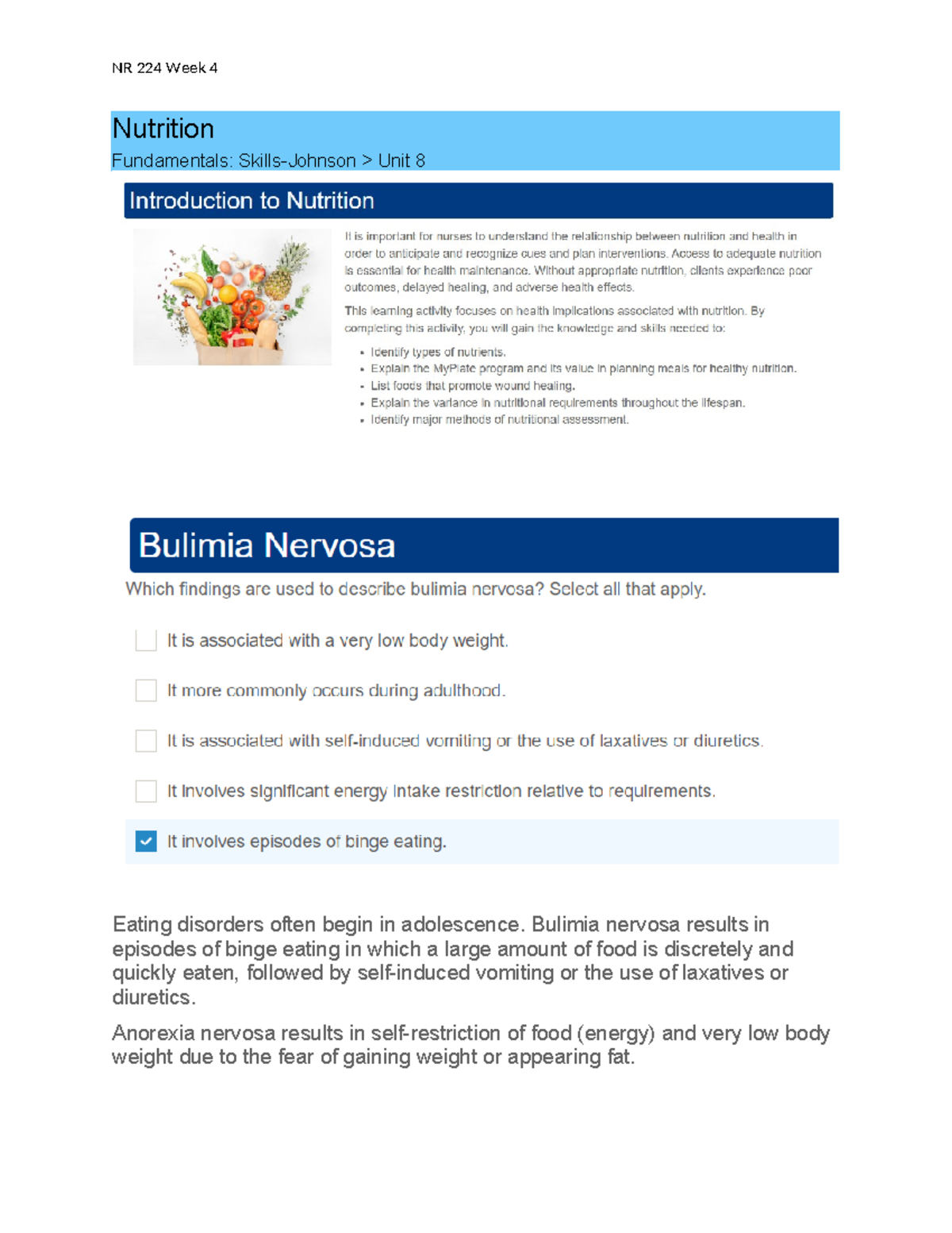 NR 224 Week 4 Edapt - Nutrition Fundamentals: Skills-Johnson > Unit 8 ...