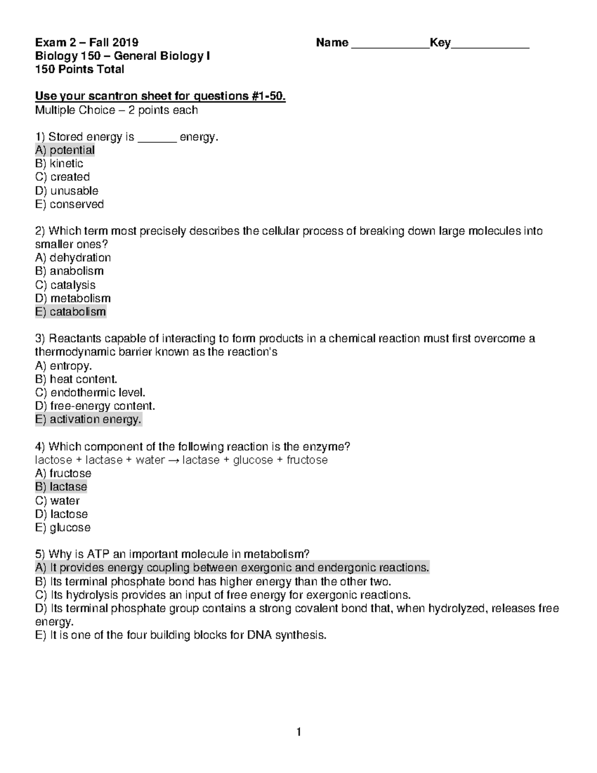 Exam 2 Key - Honors Biology 150 Exam 2 Key - Exam 2 – Fall 2019 Name ...