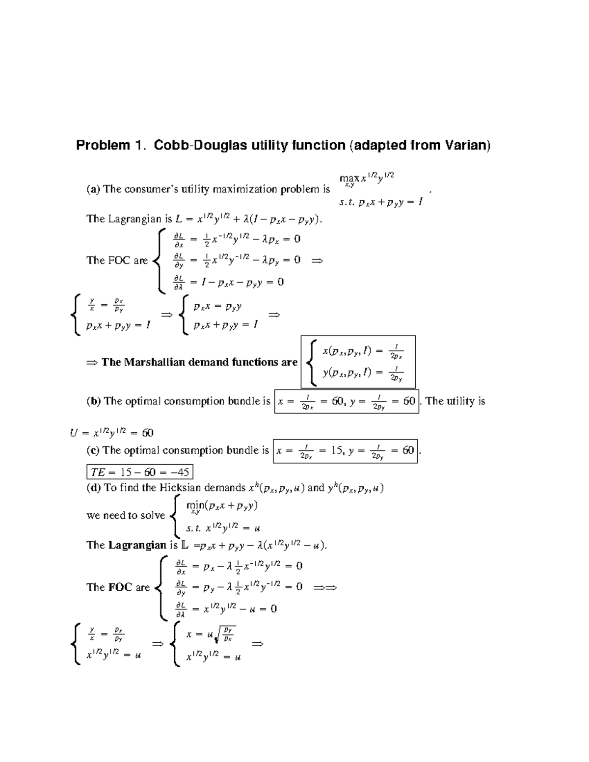 Answers for Problem Set 1 Problem 1. CobbDouglas utility function