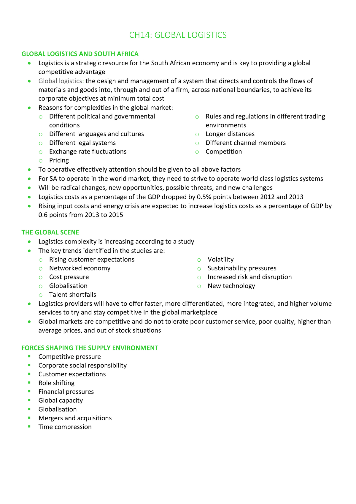 OBS210CH14- Notes - Chapter 4 Summary - CH14: GLOBAL LOGISTICS GLOBAL ...