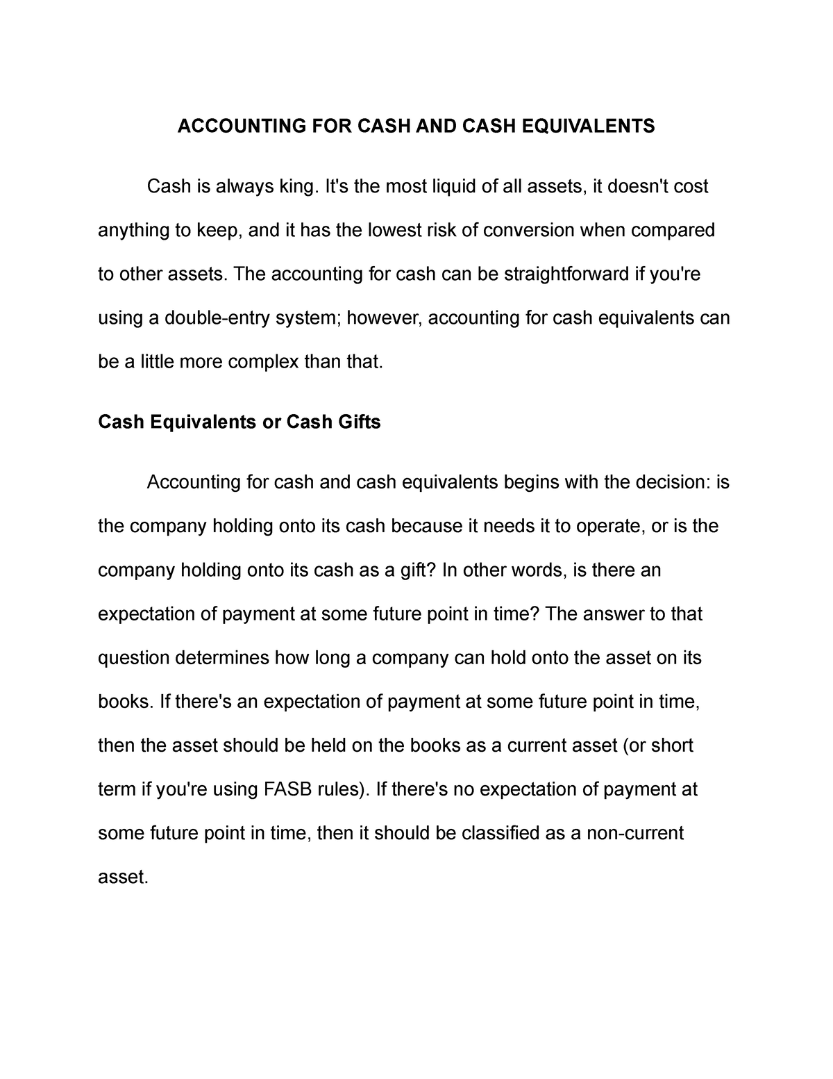 essay on cash management