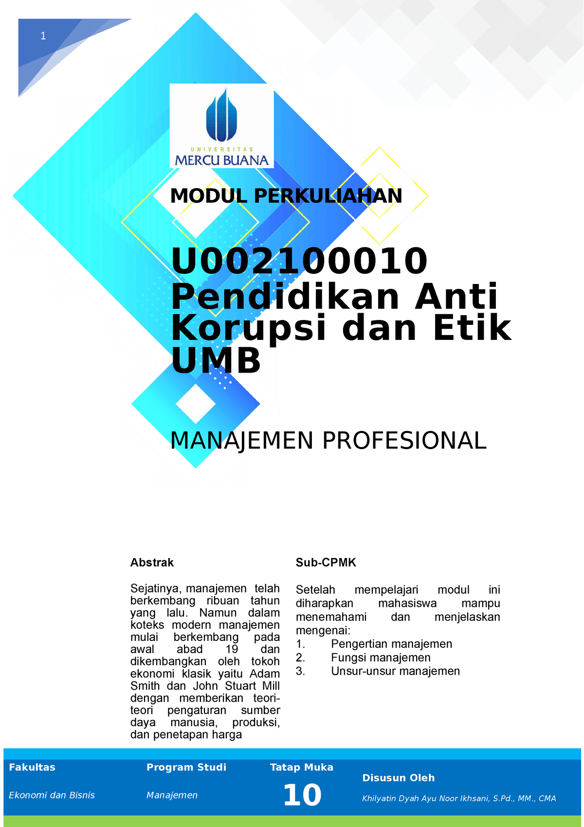 Modul Pend Anti Korupsi Dan Etik UMB, Pertemuan 10 - 1 MODUL ...