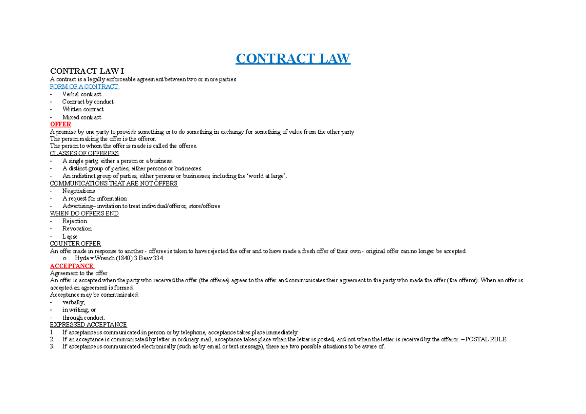 Contract LAW - Podcast notes - CONTRACT LAW CONTRACT LAW I A contract ...