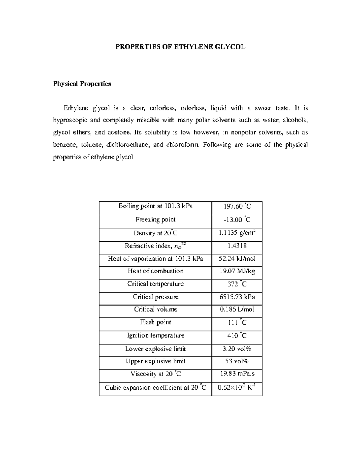 Ethyleneglycol Properties uses - PROPERTIES OF ETHYLENE GLYCOL Physical ...