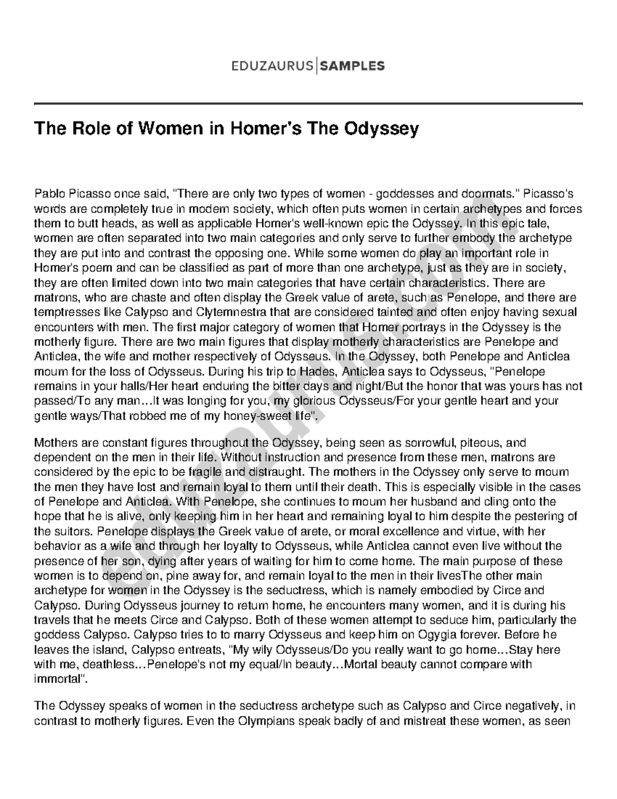 The Role of Women in Homers The Odyssey - " Picasso's words are ...