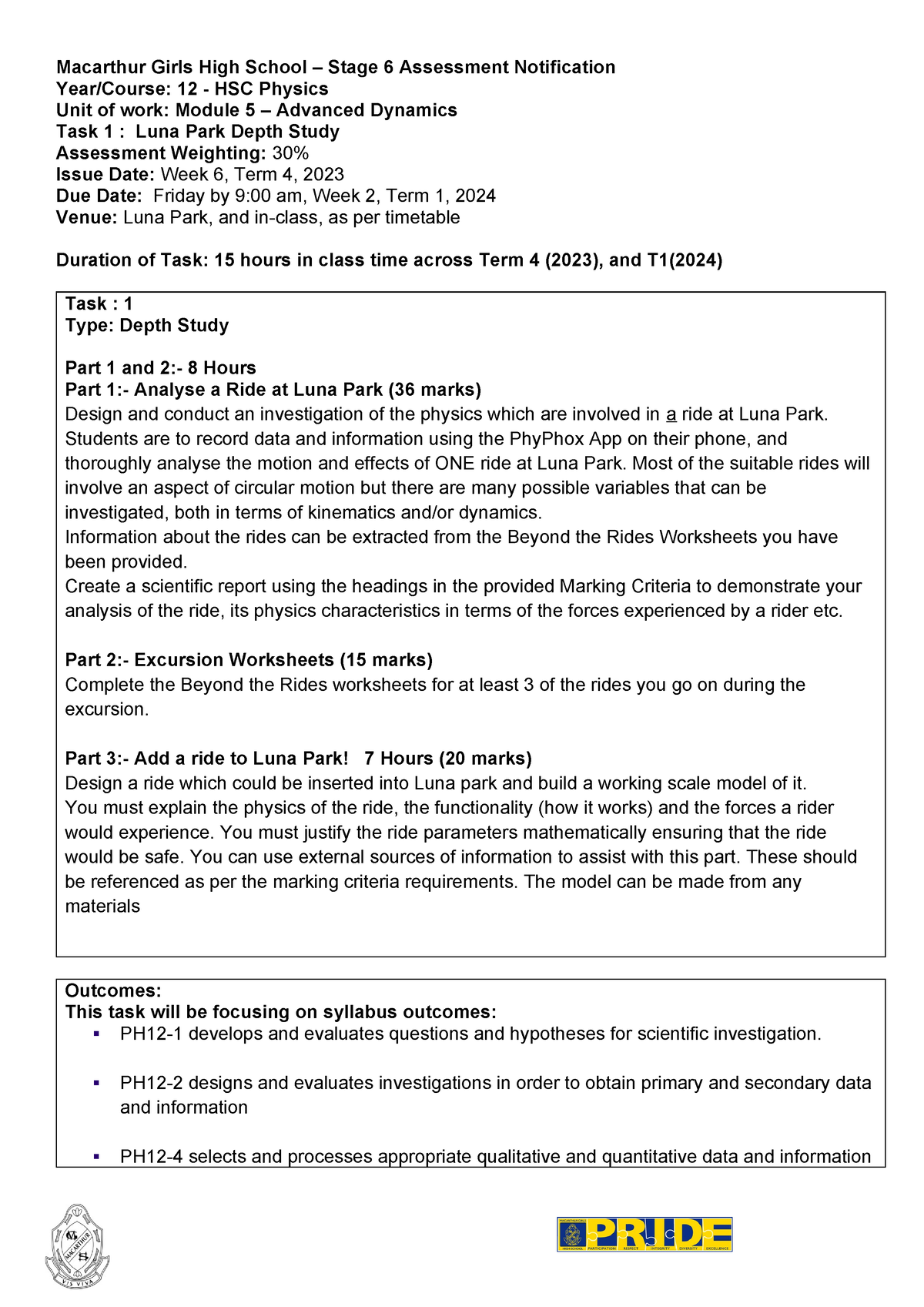 Task 1 Notification yr 12 Phys Depth Study 2024 - Macarthur Girls High ...