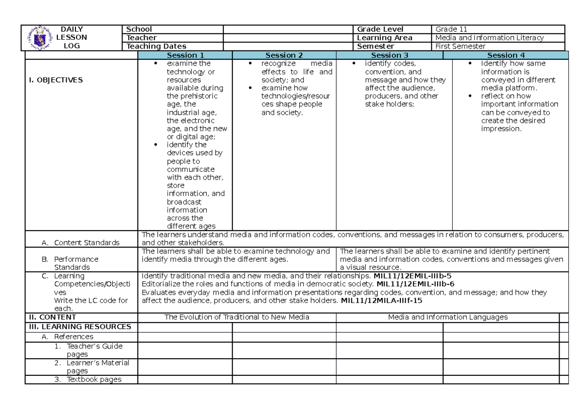 Lesson Plan in Media and Information Literacy - DAILY LESSON LOG School ...