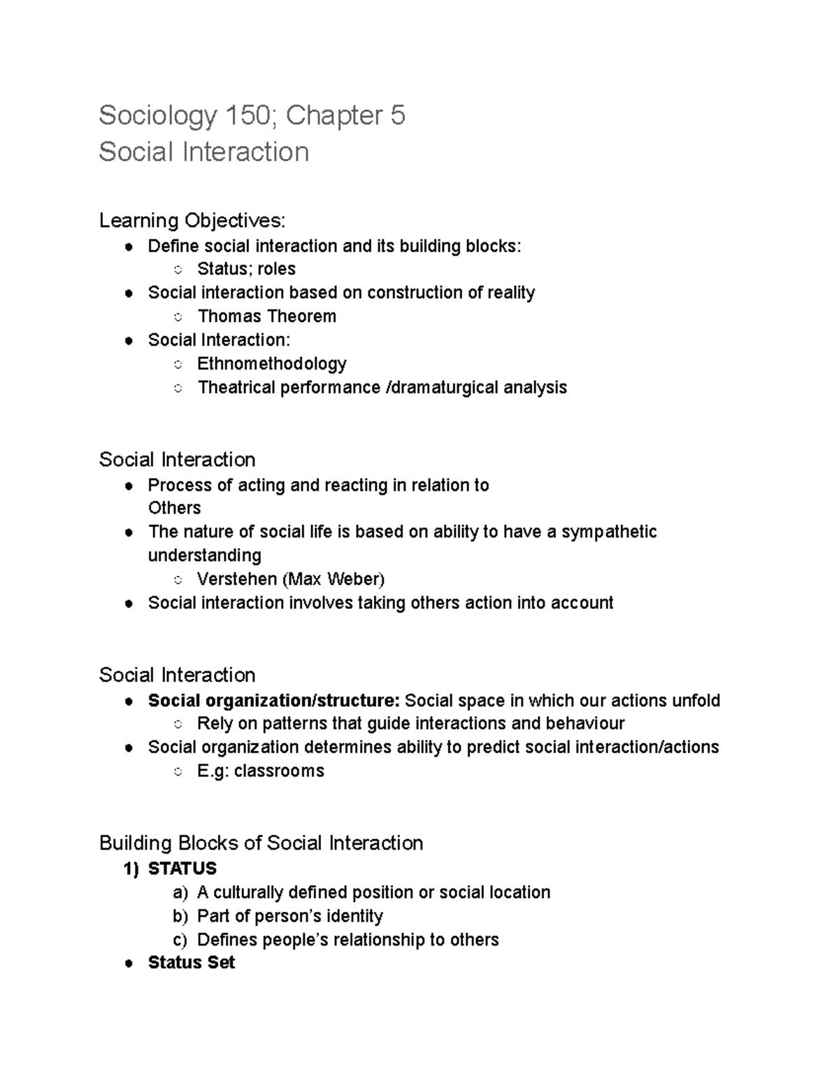 Sociology 150; Chapter 5 - Sociology 150; Chapter 5 Social Interaction ...
