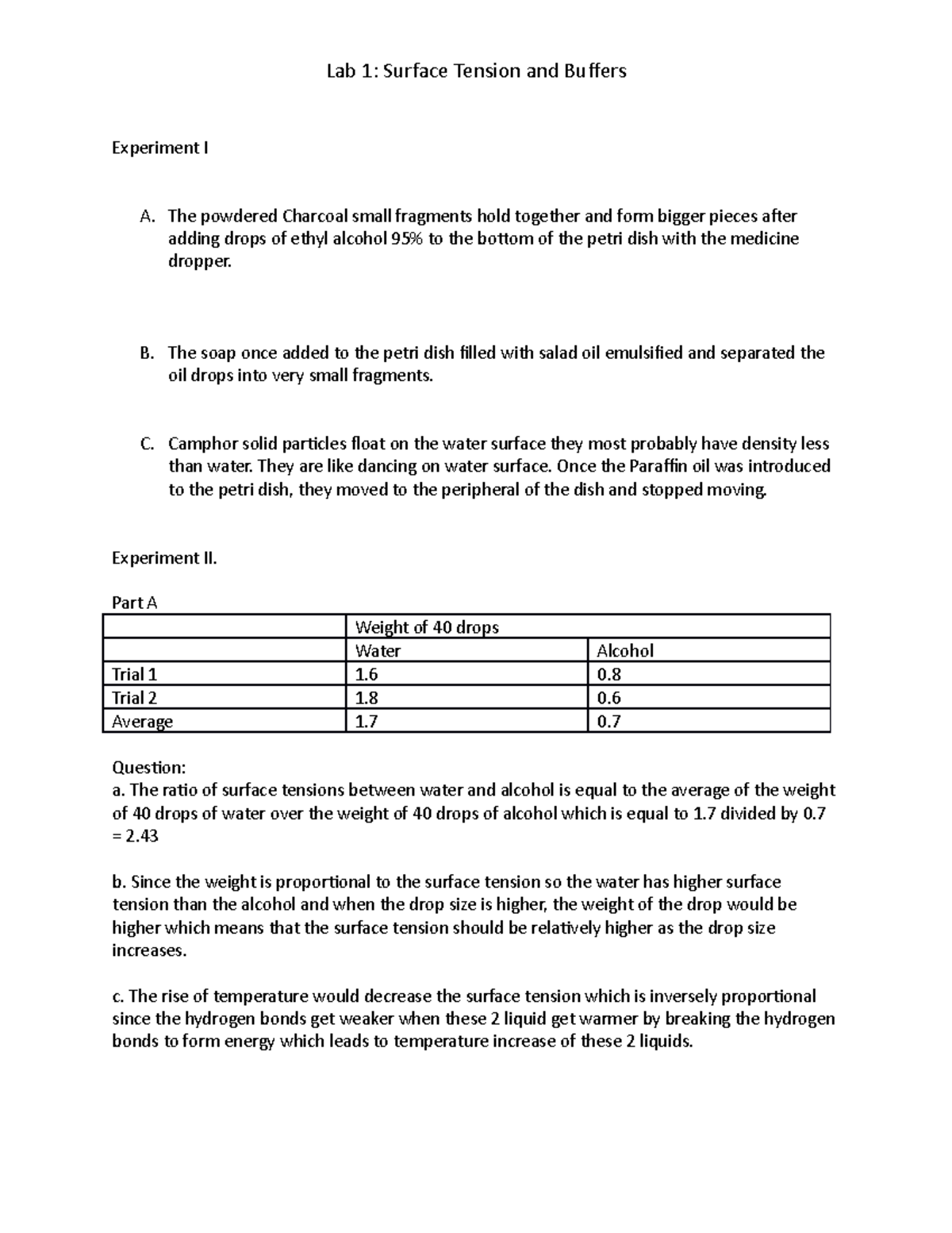 Experiment I lab report - Experiment I A. The powdered Charcoal small ...