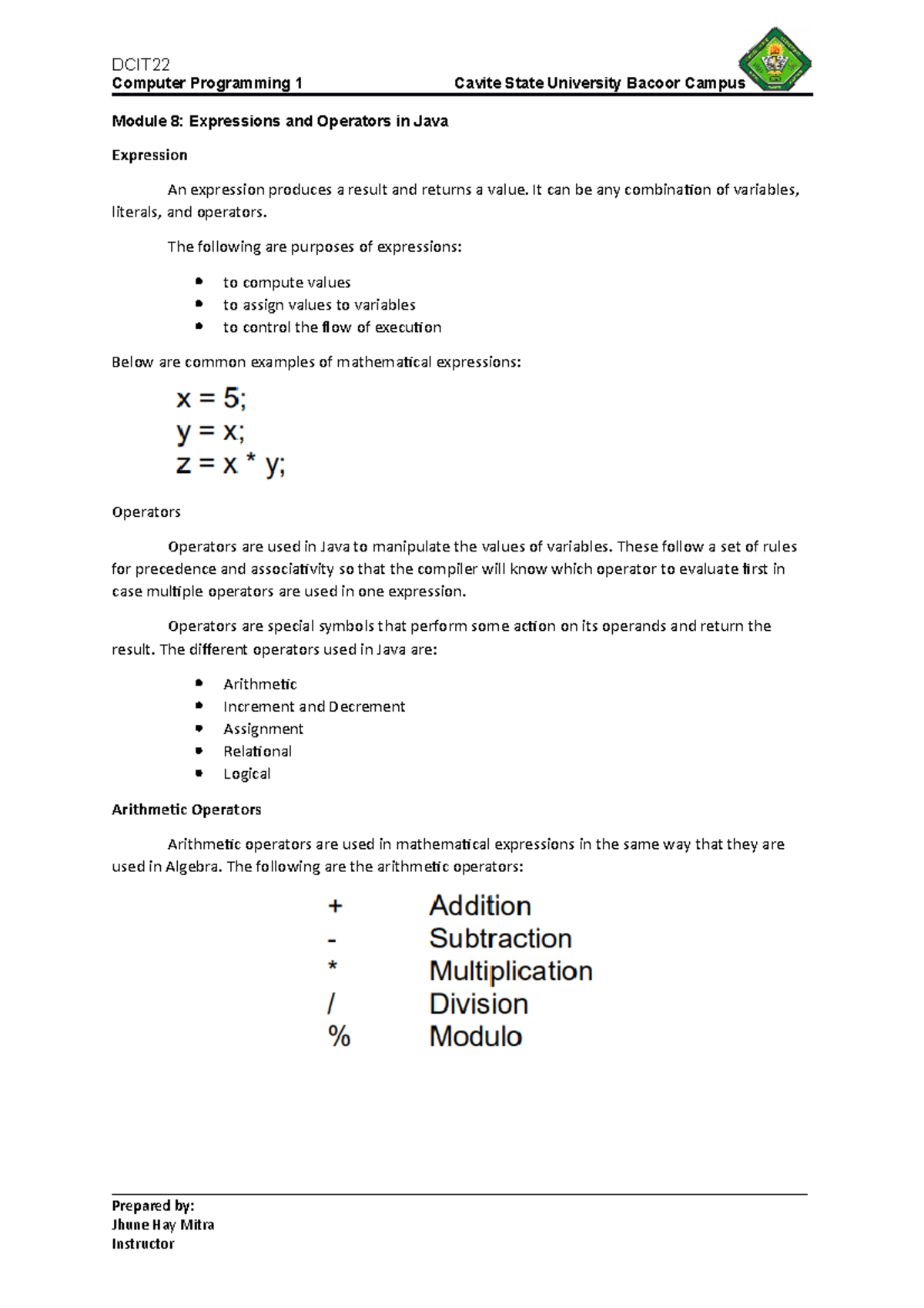 MODULE 1 Expression and Operators in Java - Computer Programming 1 ...