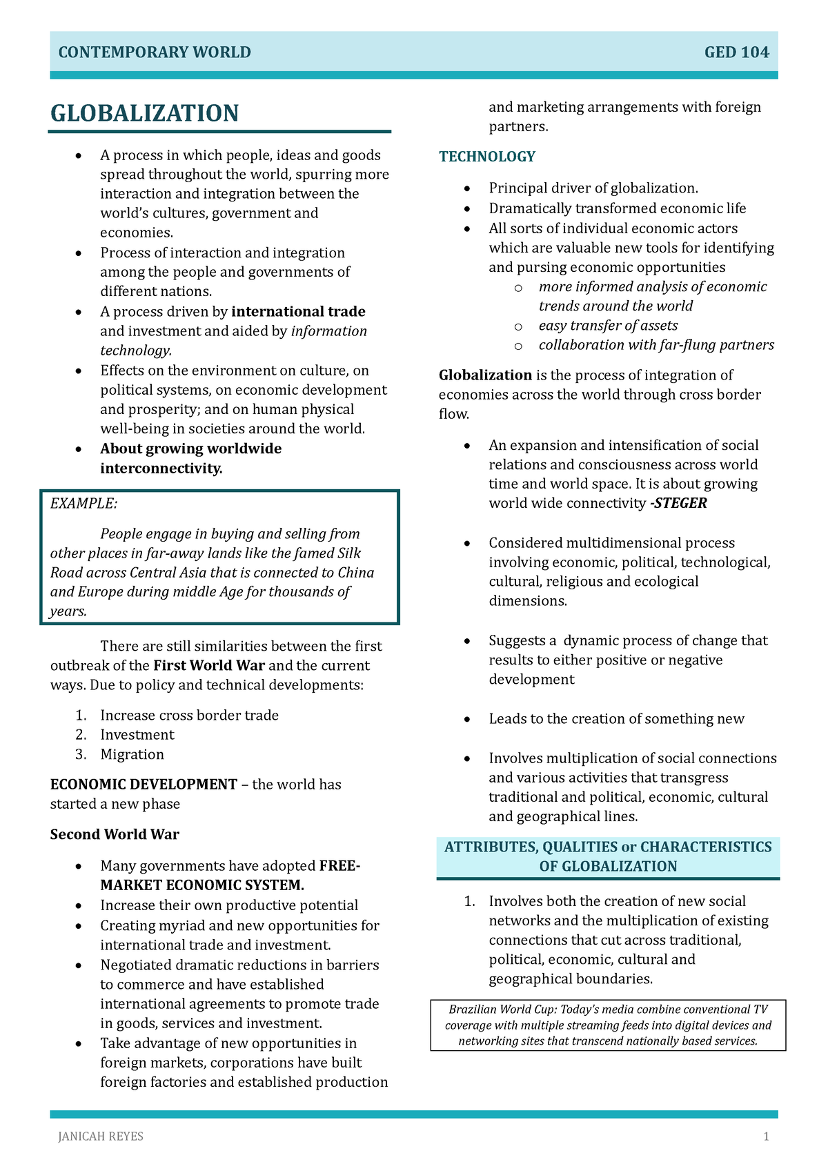 Lesson-1-contem - Reviewer - CONTEMPORARY WORLD GED 104 JANICAH REYES 1 ...