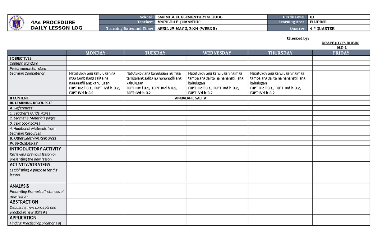 Filipino DLL Q4 WEEK 5 - 4As PROCEDURE DAILY LESSON LOG School: SAN ...