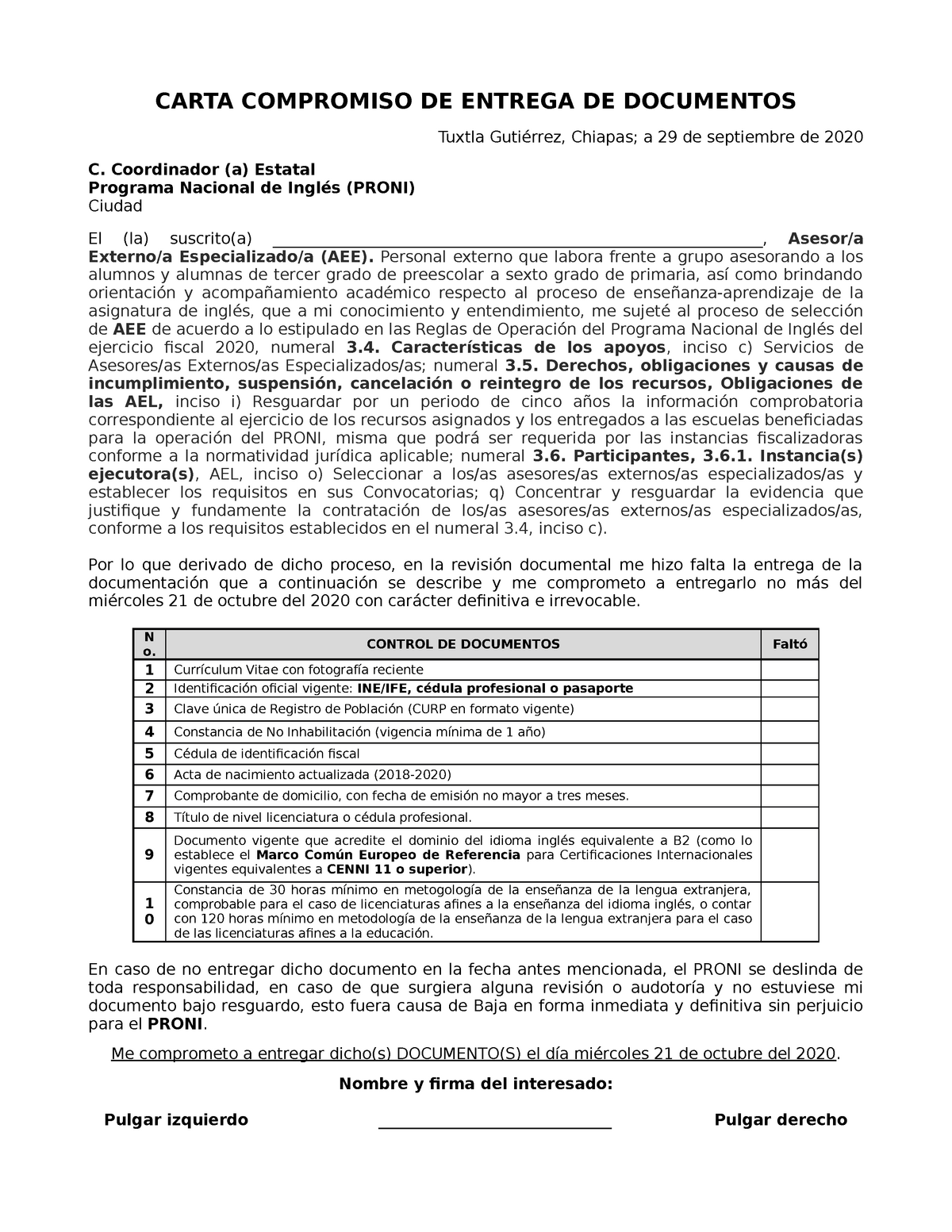 Carta Compromiso De Entrega De Documentos Originales 3241