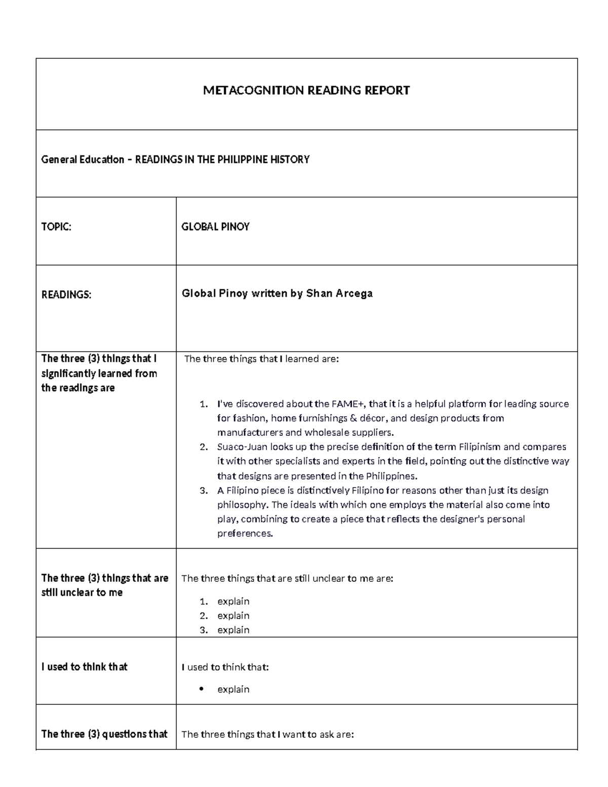 Metacognition Reading Report - Contemporary World - METACOGNITION ...