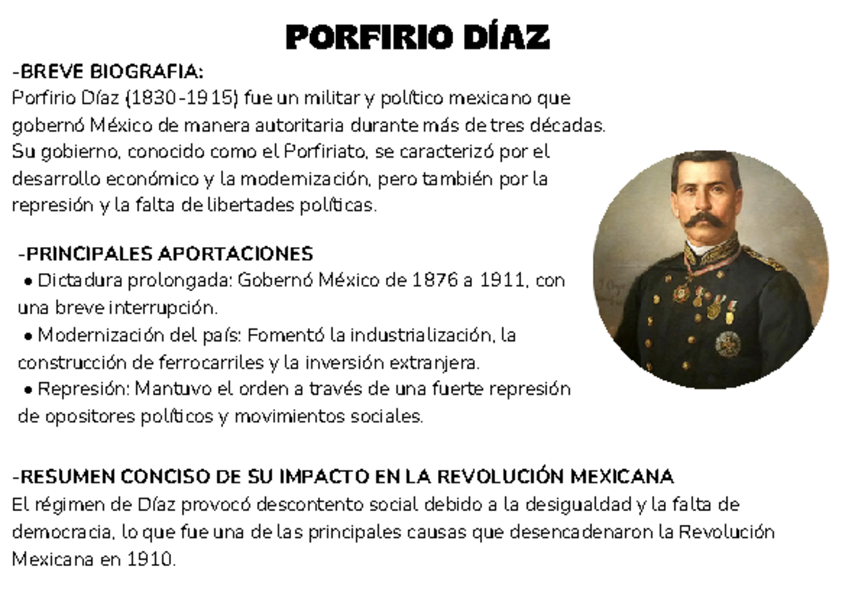 5 Fichas DE LOS Personajes - PORFIRIO DÍAZ -BREVE BIOGRAFIA: Porfirio ...