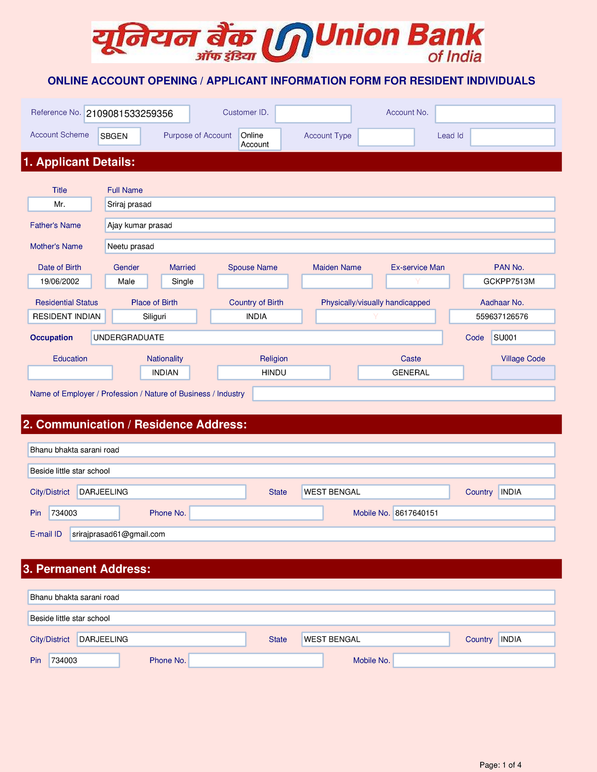 Union BANK Application FORM Sriraj Prasad - ONLINE ACCOUNT OPENING ...