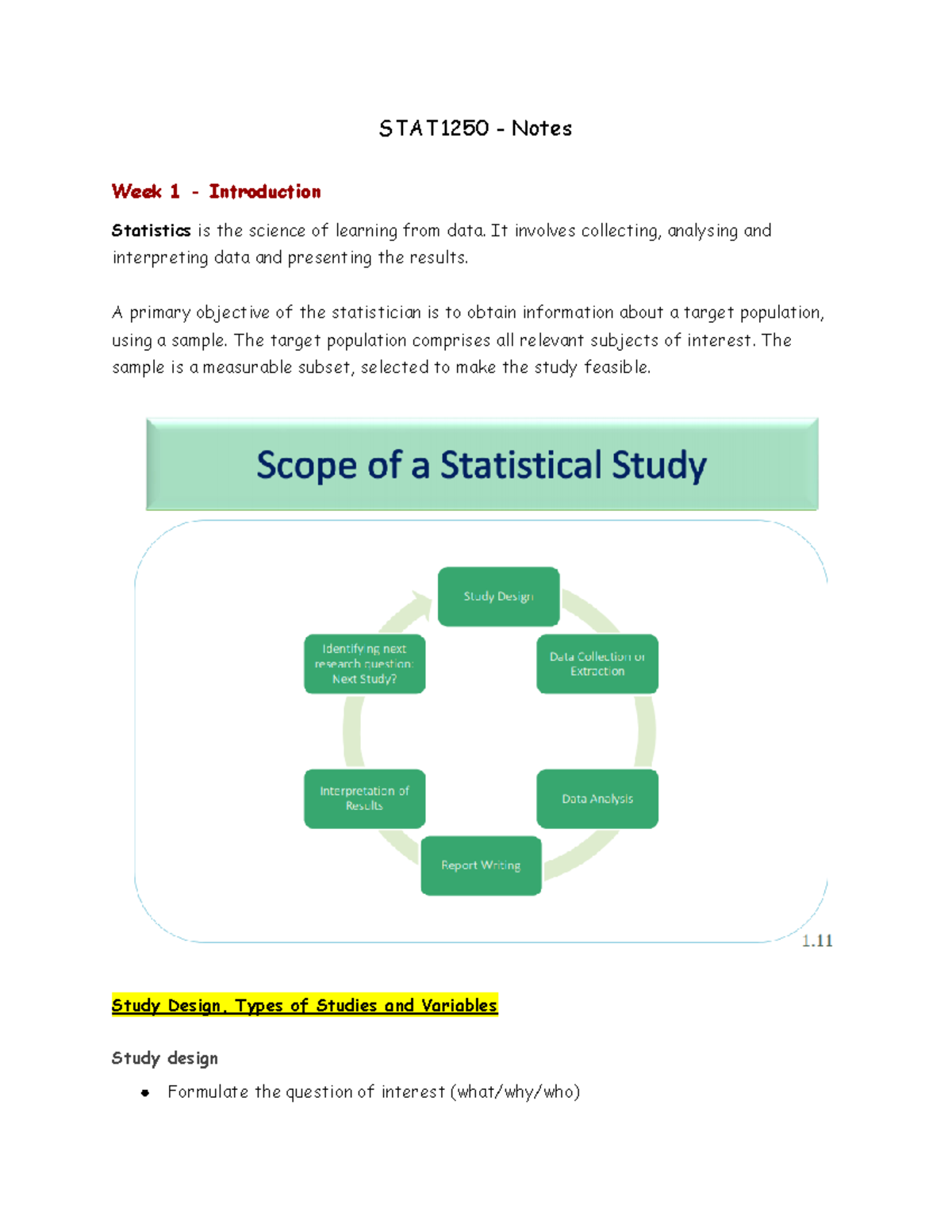 STAT1250 - Week 1 Notes - STAT1250 - Notes Week 1 - Introduction ...