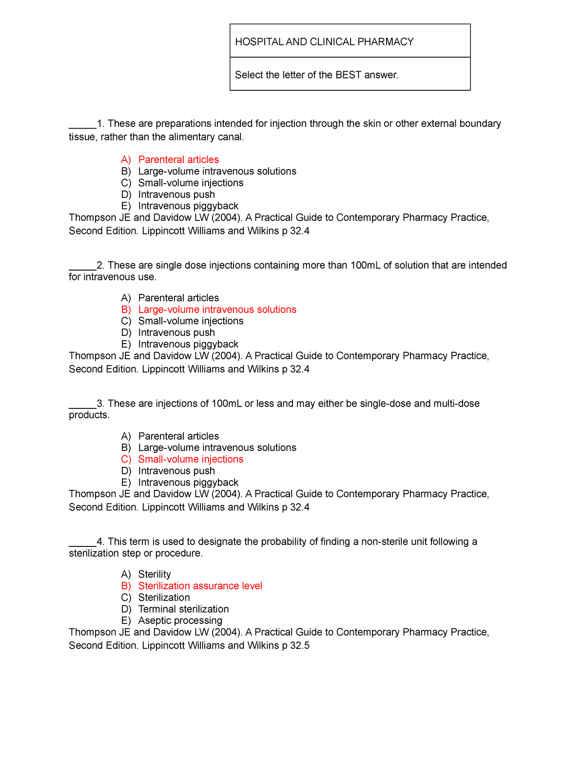 Hospital And Clinical Pharmacy Answer Key-RED Pacop - _____1. These Are ...