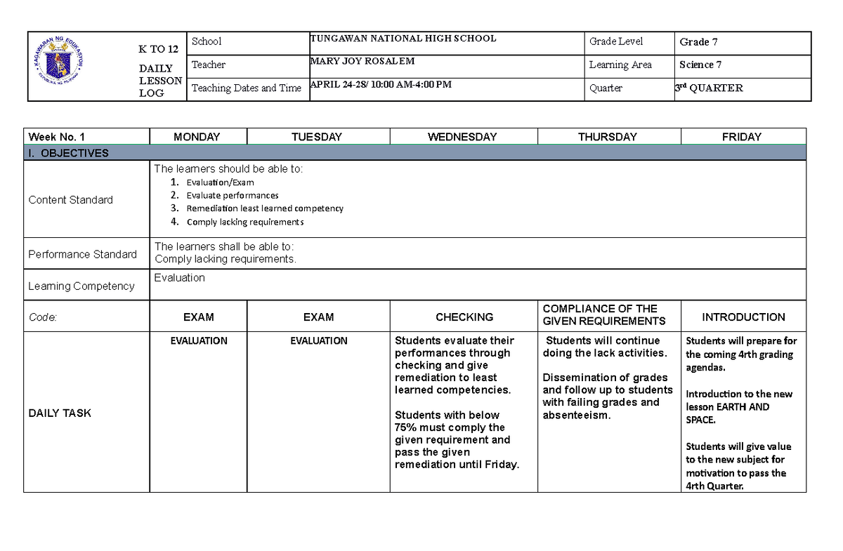 Dll quarter 4 deped - K TO 12 DAILY LESSON LOG School TUNGAWAN NATIONAL ...