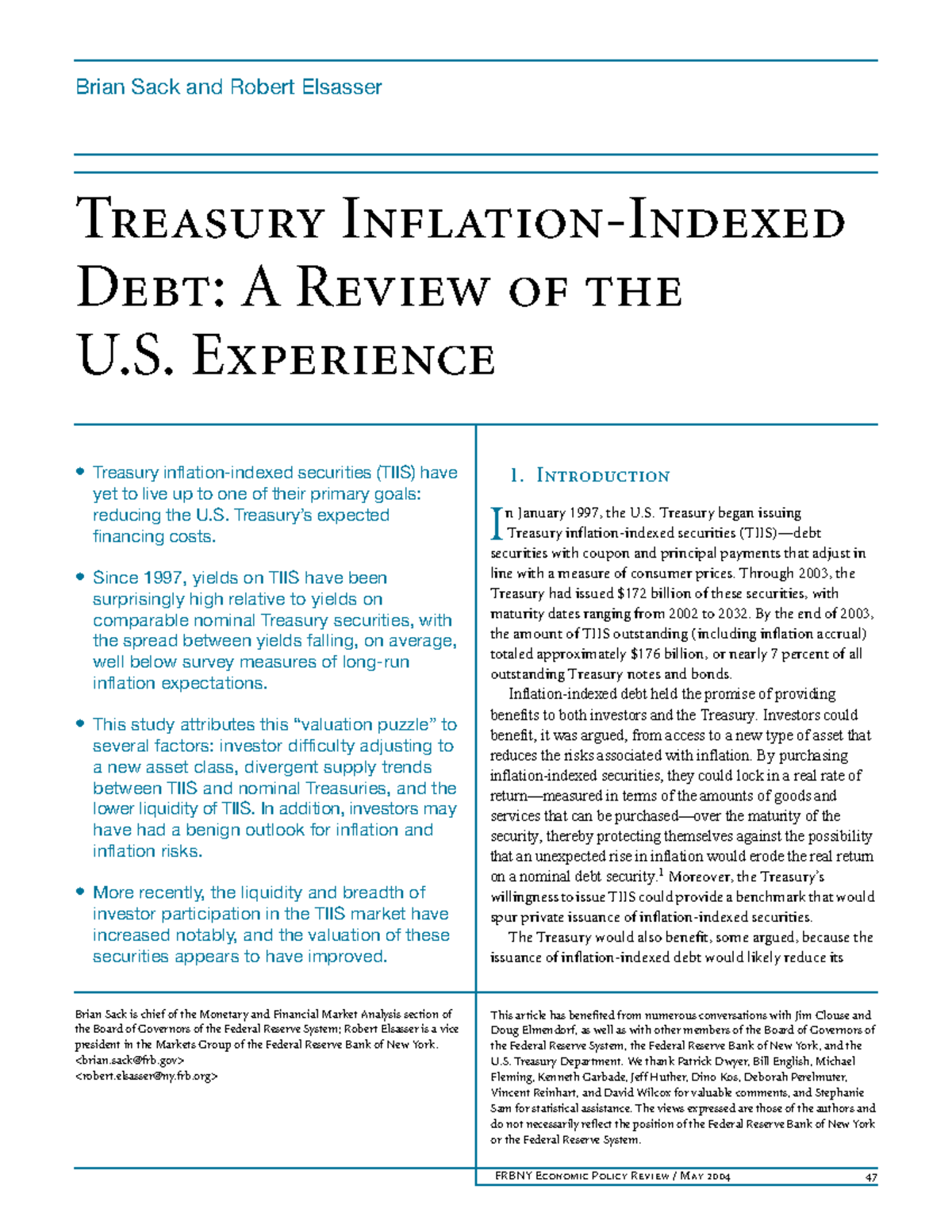 Treasury InflationIndexed Debt A Review of the U.S. Experience
