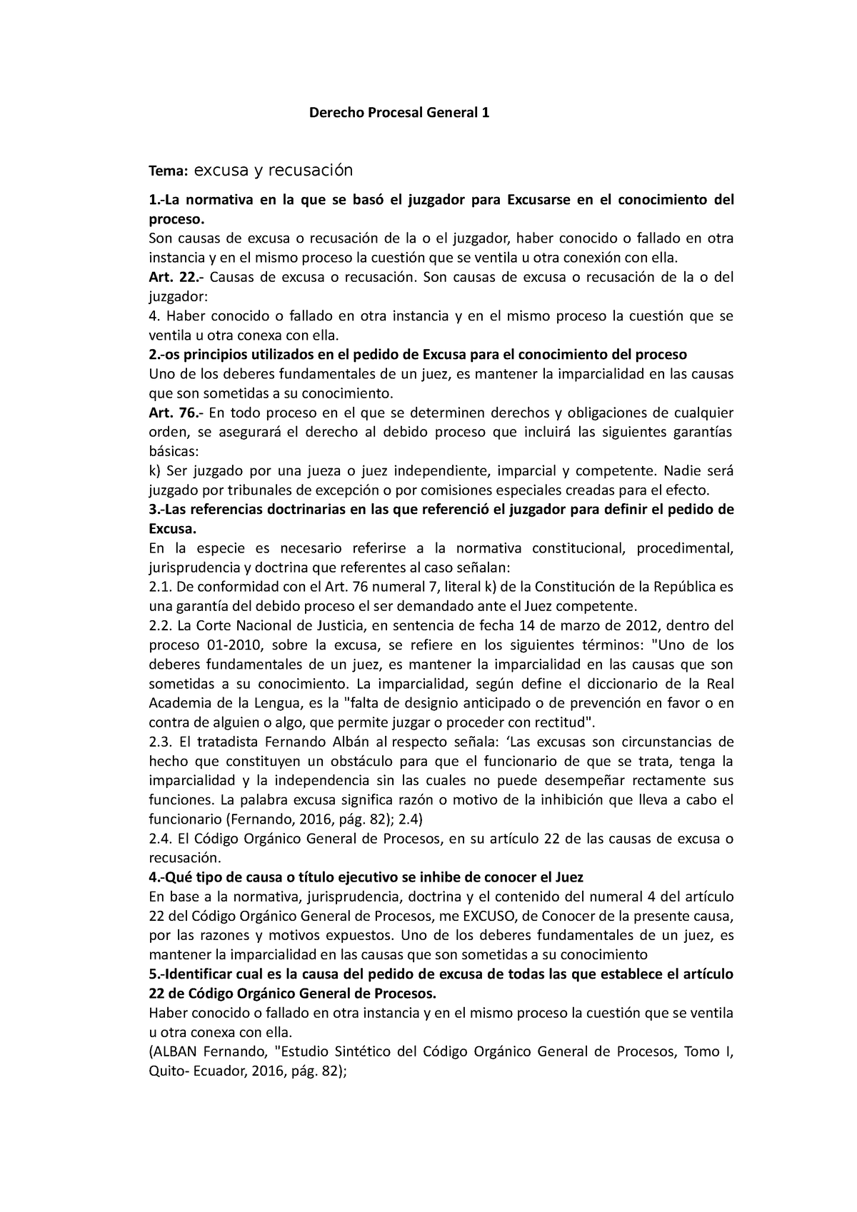 Excusa Y Recusacion - Derecho Procesal General 1 Tema: Excusa Y ...