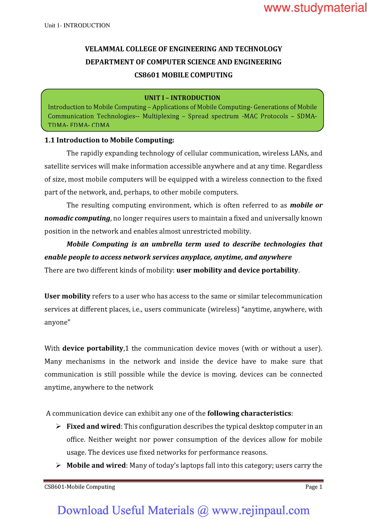 CS8601 Mobile Computing notes Unit 1 INTRODUCTION CS8601 Mobile