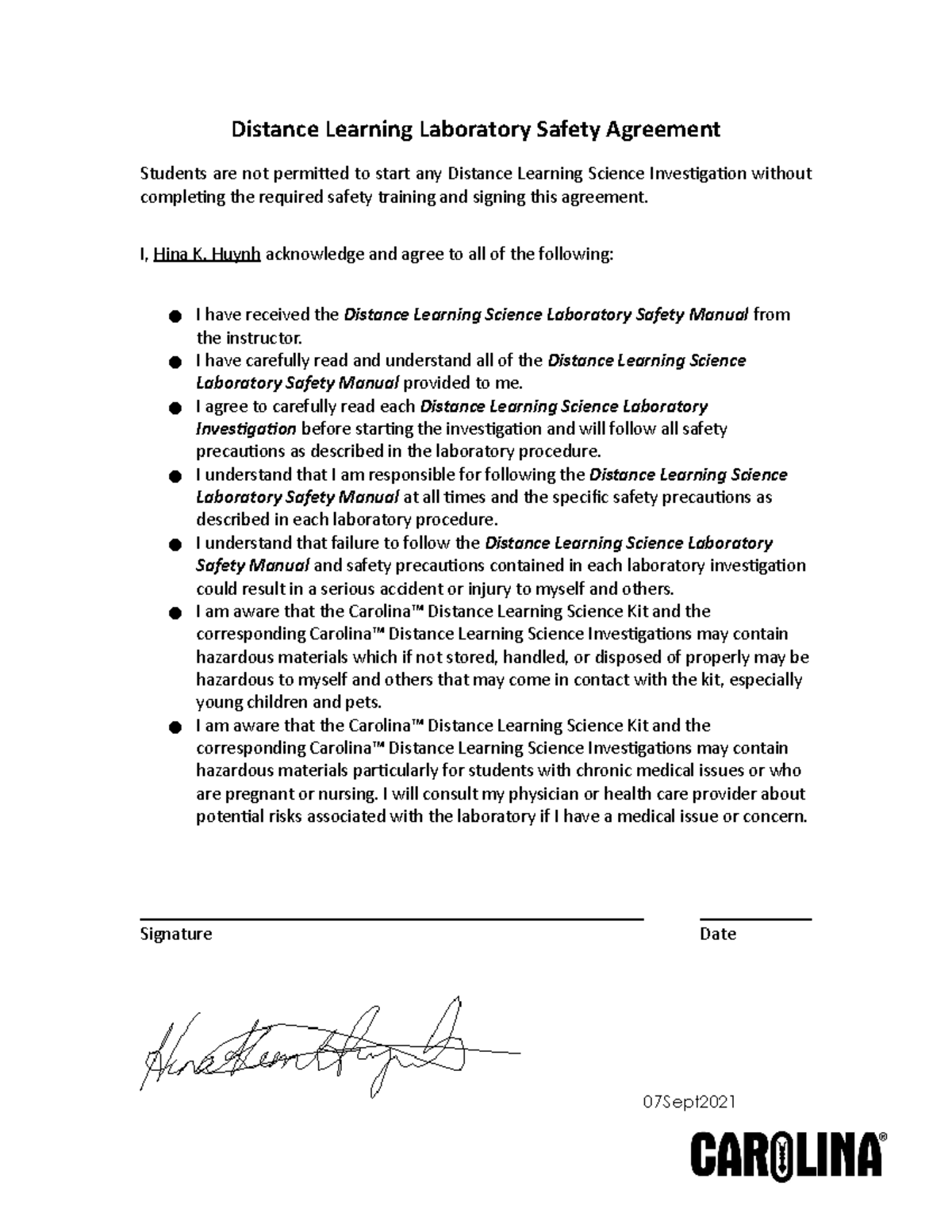 DL Lab Safety Contract Distance Learning Laboratory Safety Agreement