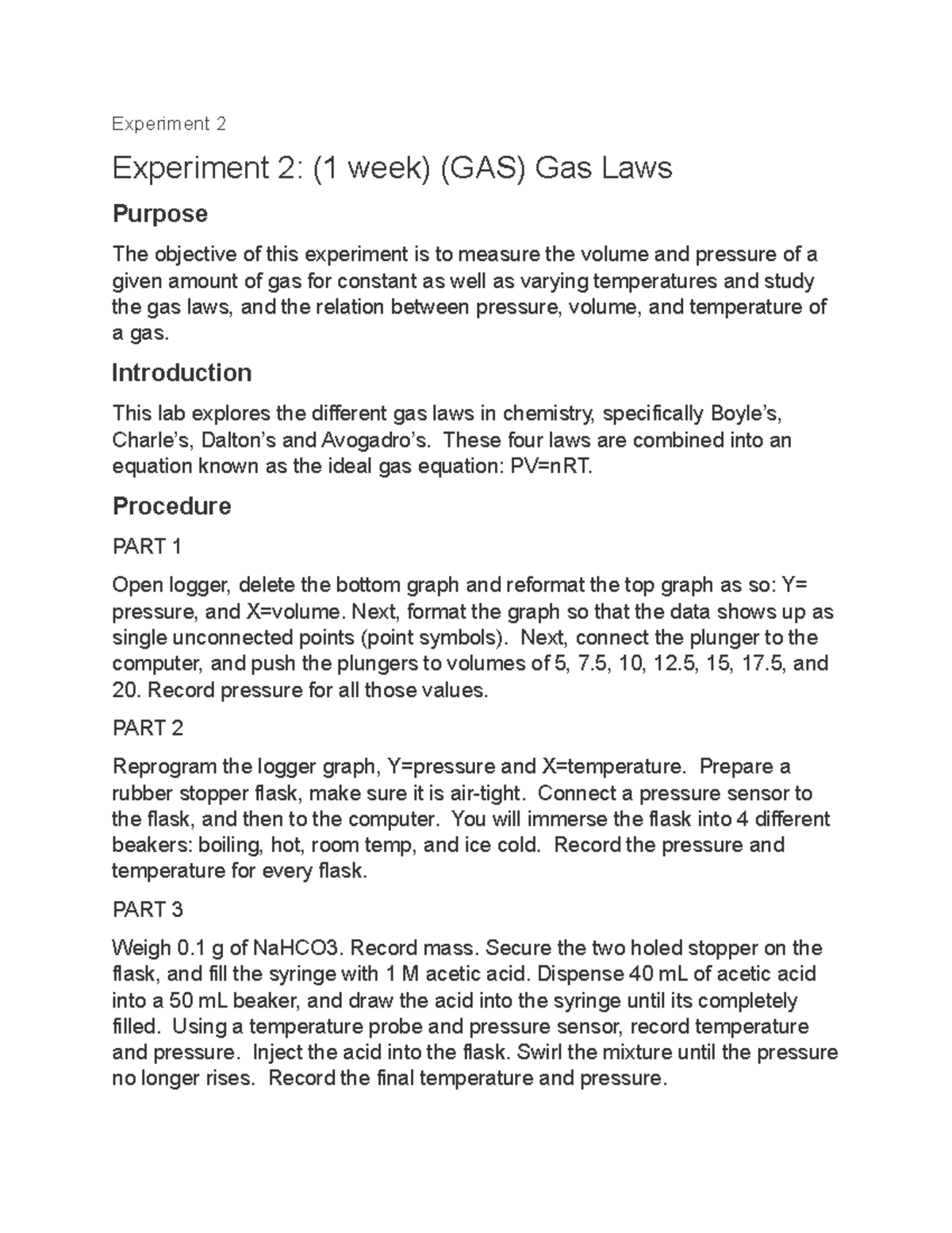 Gas Laws Lab Gas Laws Lab, Fall Term 20192020 Experiment 2