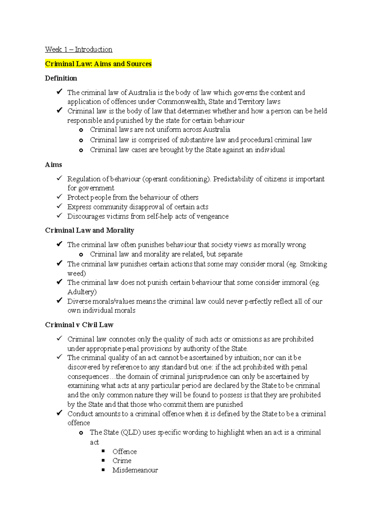 Lecture Notes - Week 1 – Introduction Criminal Law: Aims And Sources ...