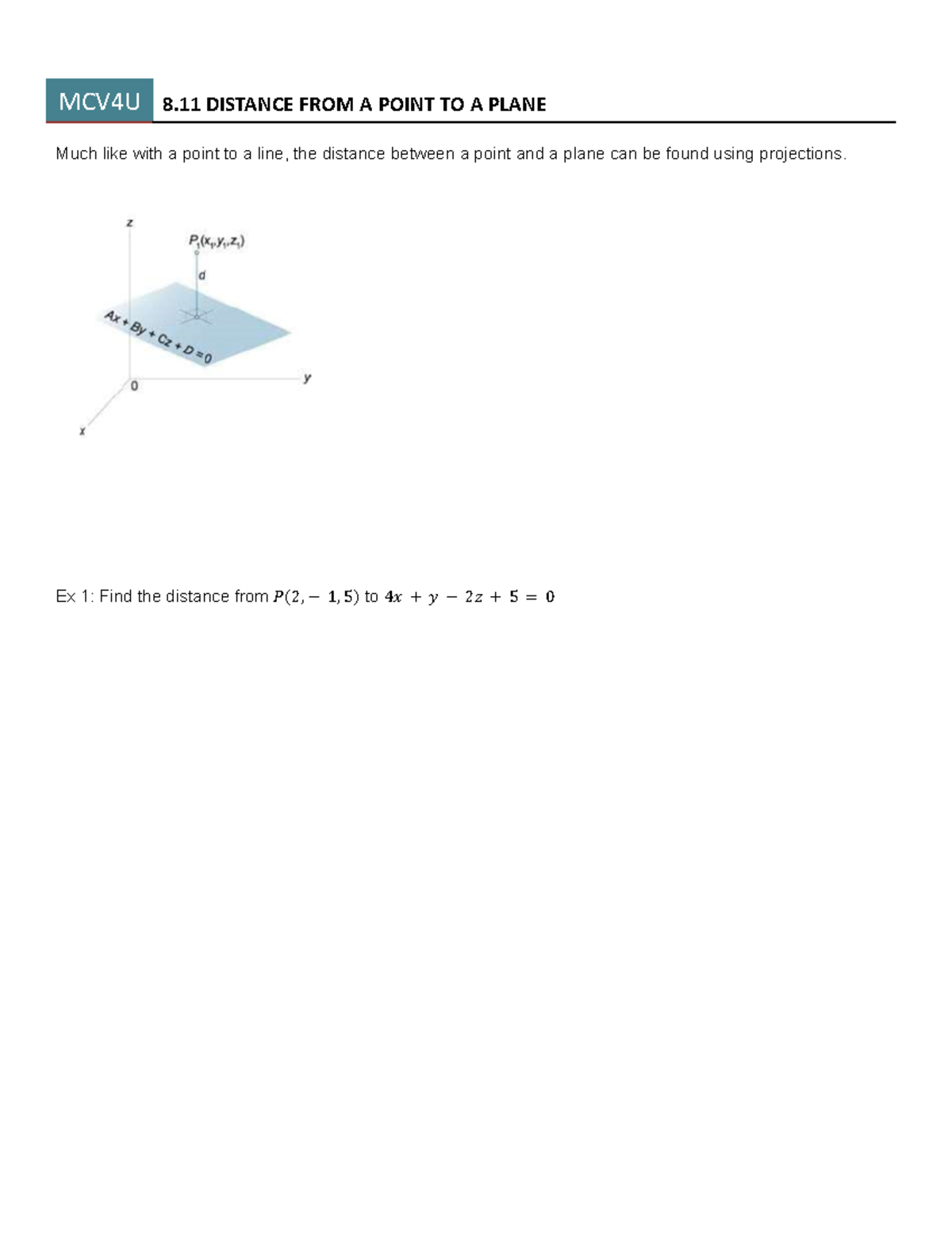8.11 Distance From a Point to a plane - MCV4U 8 DISTANCE FROM A POINT ...