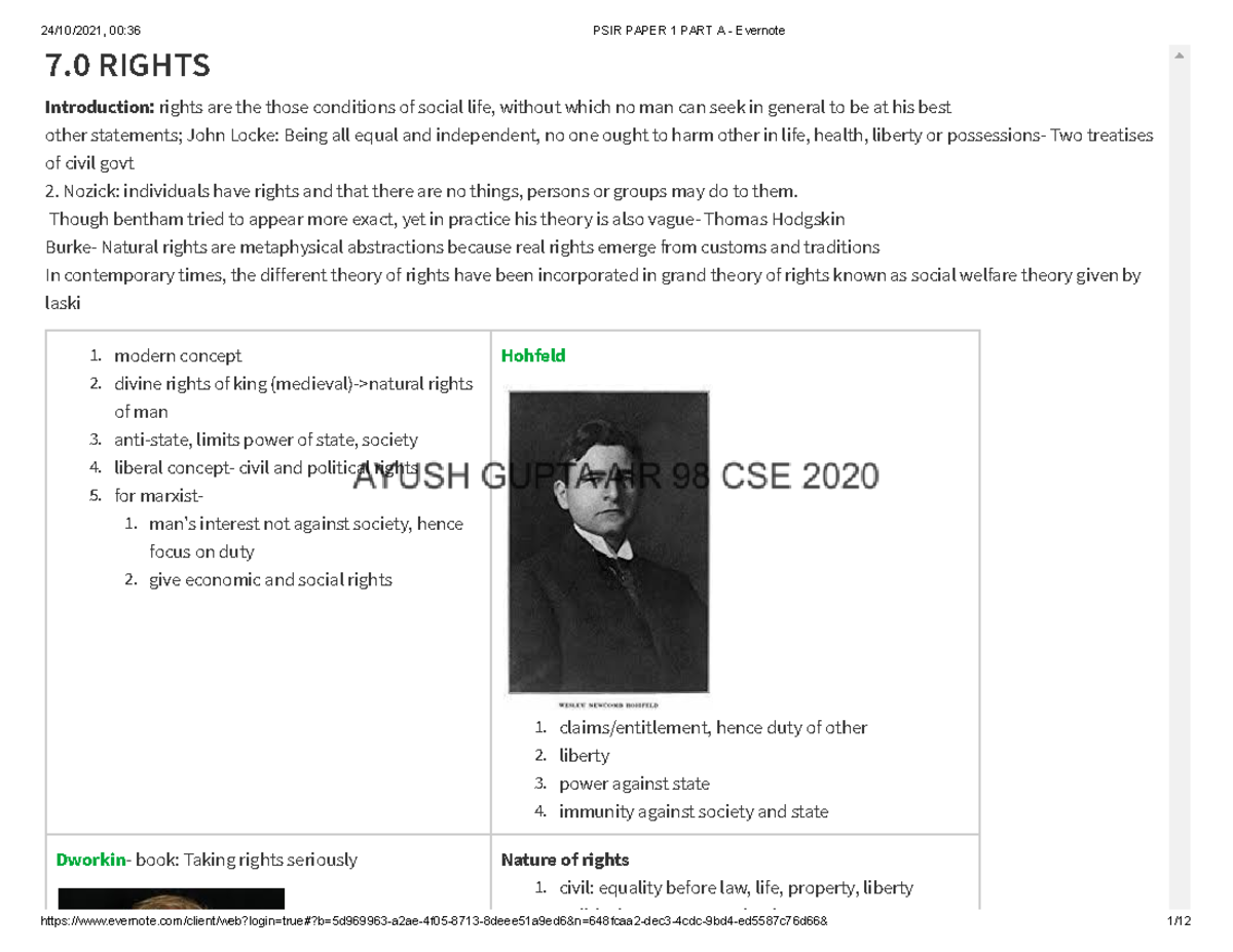 PSIR Paper 1 PART A - Rights - 7 RIGHTS Introduction: rights are the ...