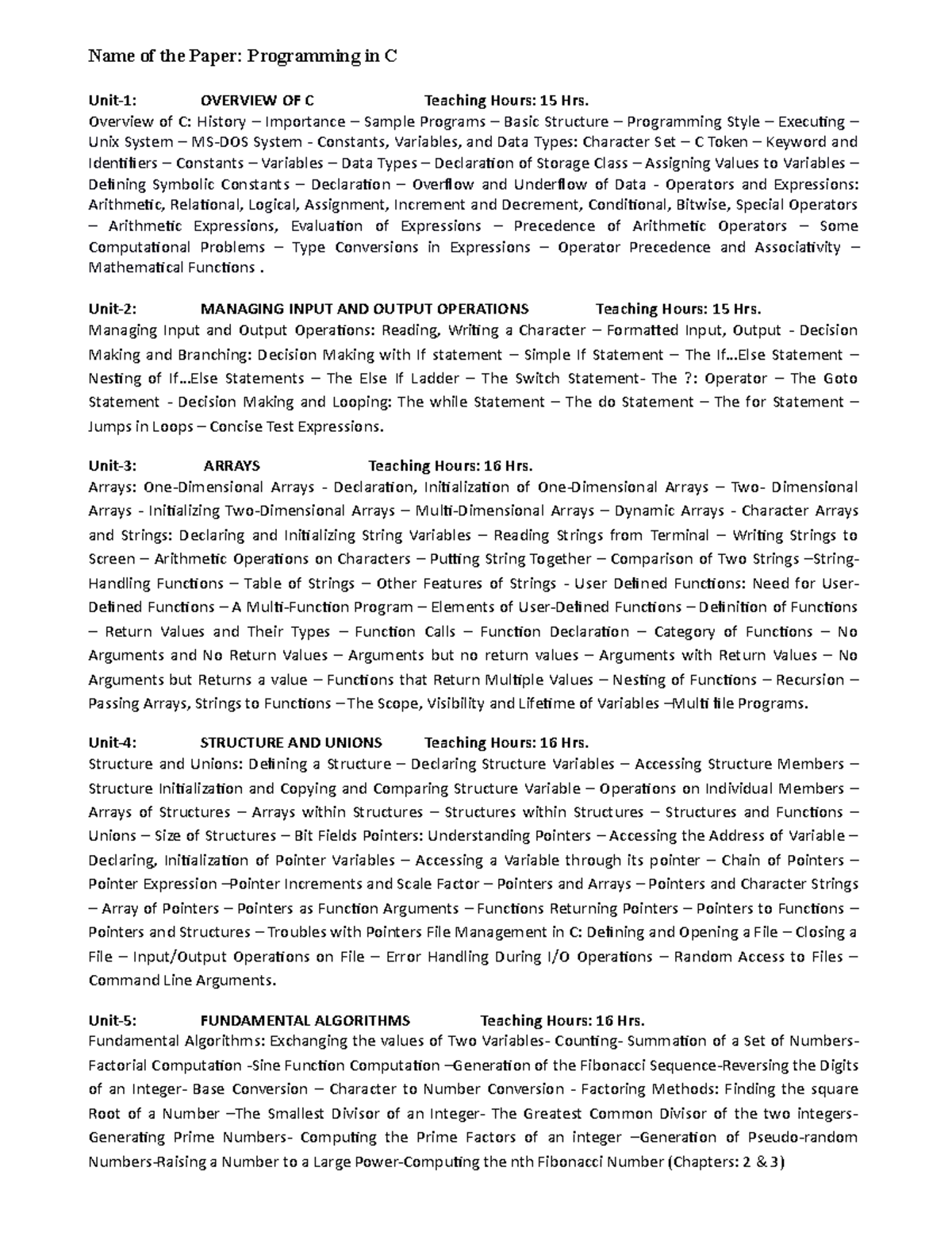 Bca word syllabus name of the paper programming in c unit 1