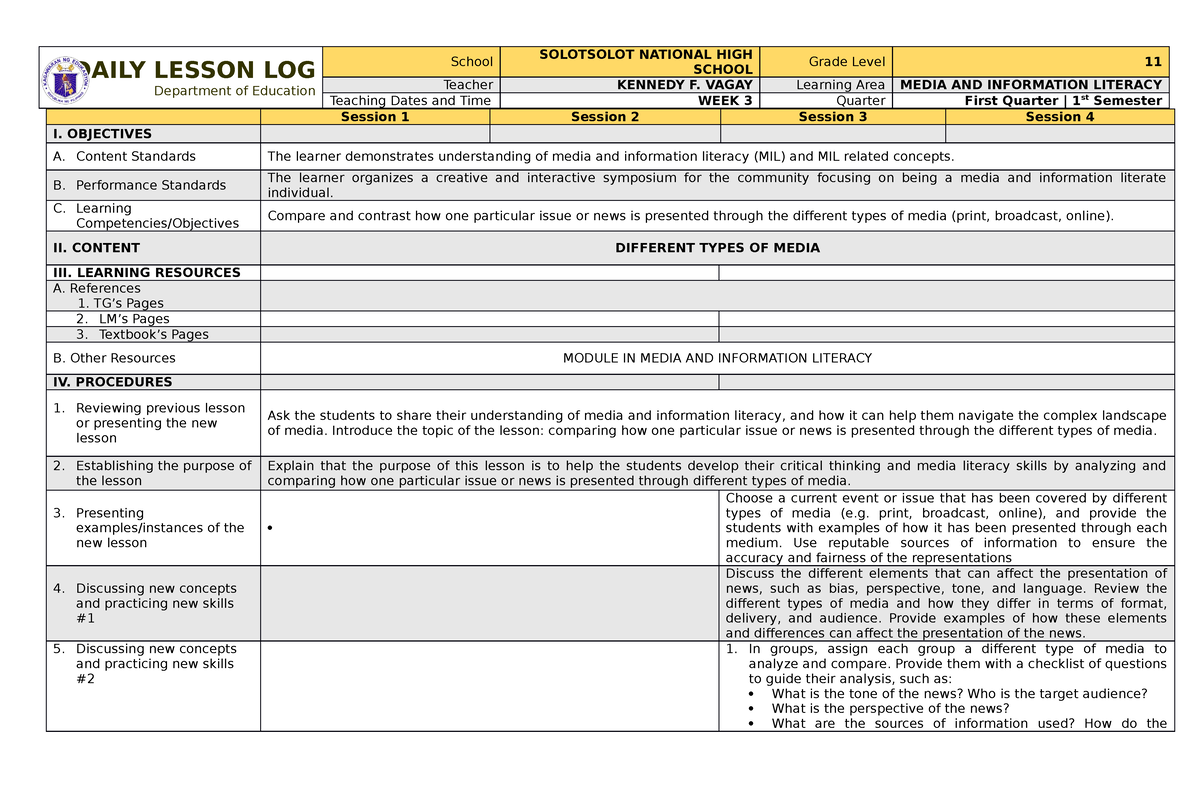 Dll MIL Quarter 1 WEEK 3 - BEst Of The Best - DAILY LESSON LOG ...