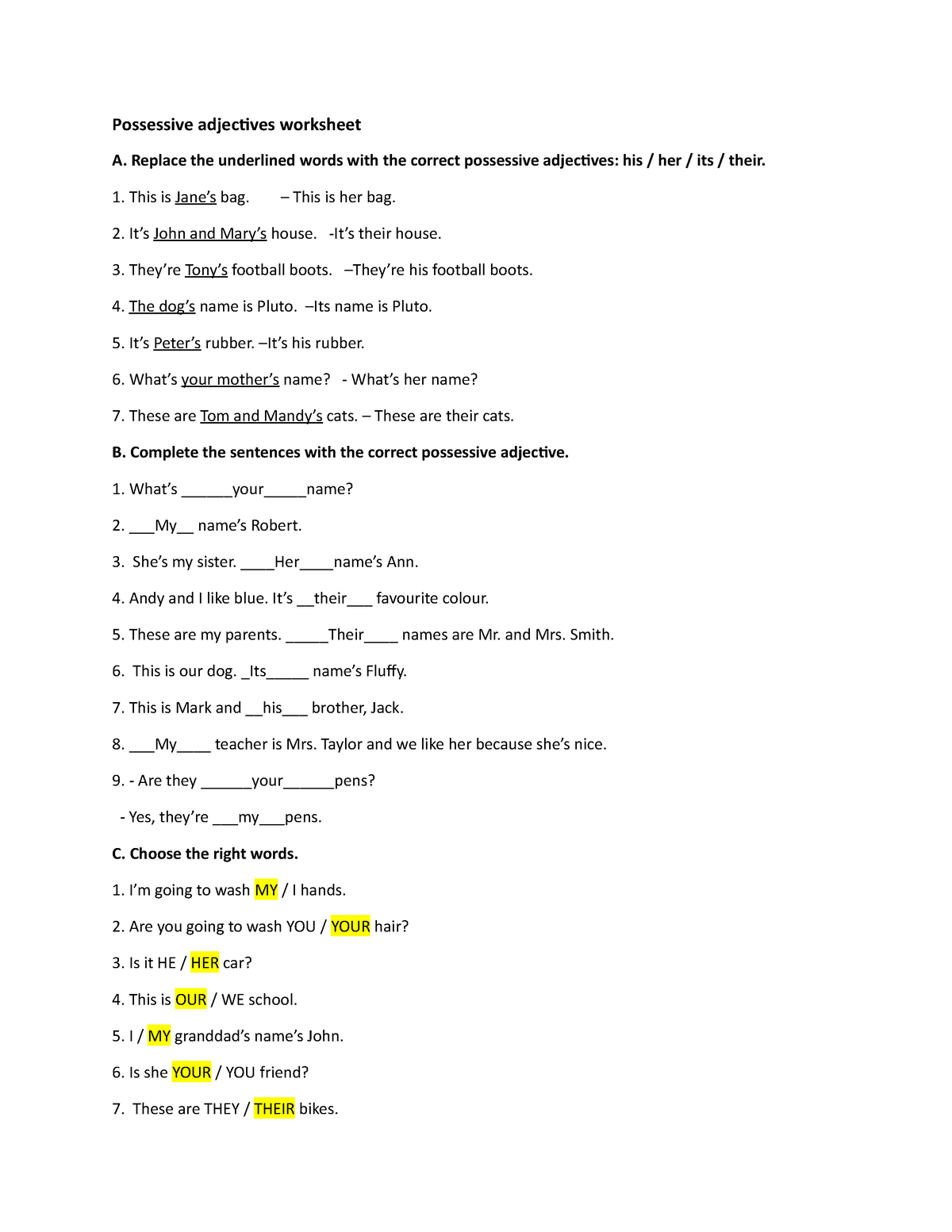 possessive-adjectives-worksheet-replace-the-underlined-words-with-the