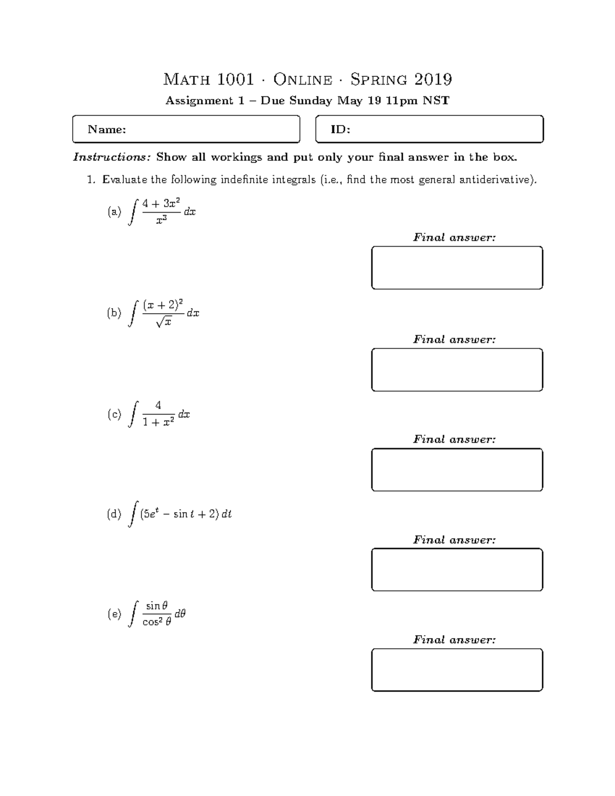 1001s19 a11 - BUSI2004 - Math 1001 · Online · Spring 2019 Assignment 1 ...