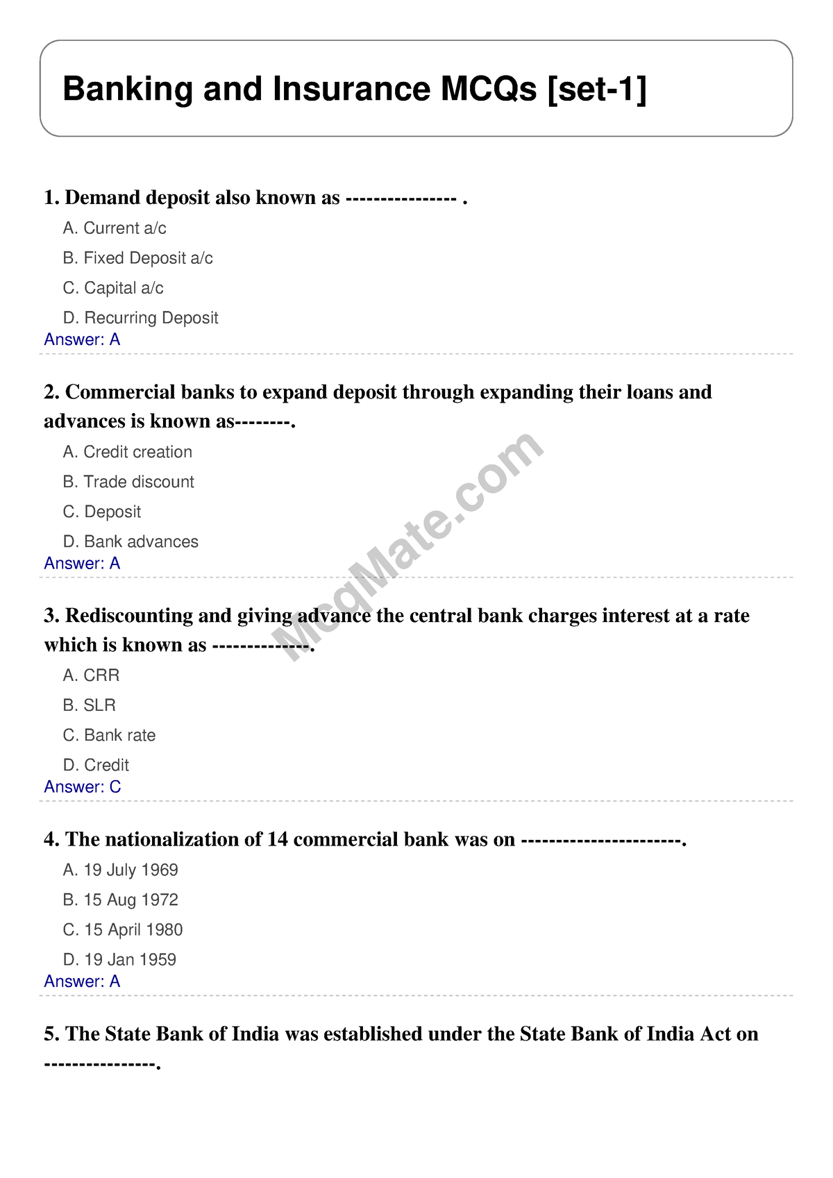 Banking And Insurance Solved MCQs [set-1] Mcq Mate.com - McqMate ...