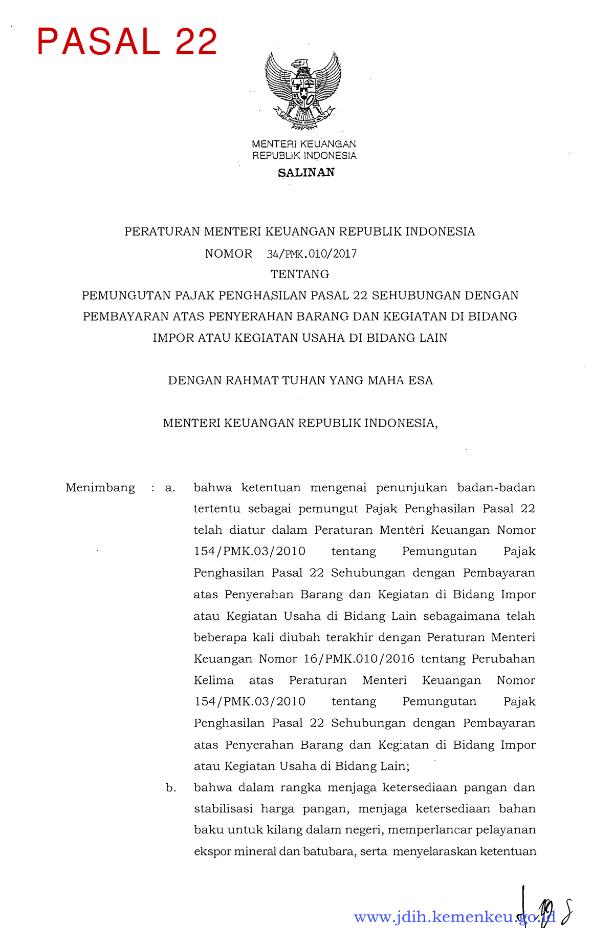 34 PMK - 34 Pmk Perpajakan - MENTER! KEUANGAN REPUBLlK INDONESIA S䄀䰀IN ...