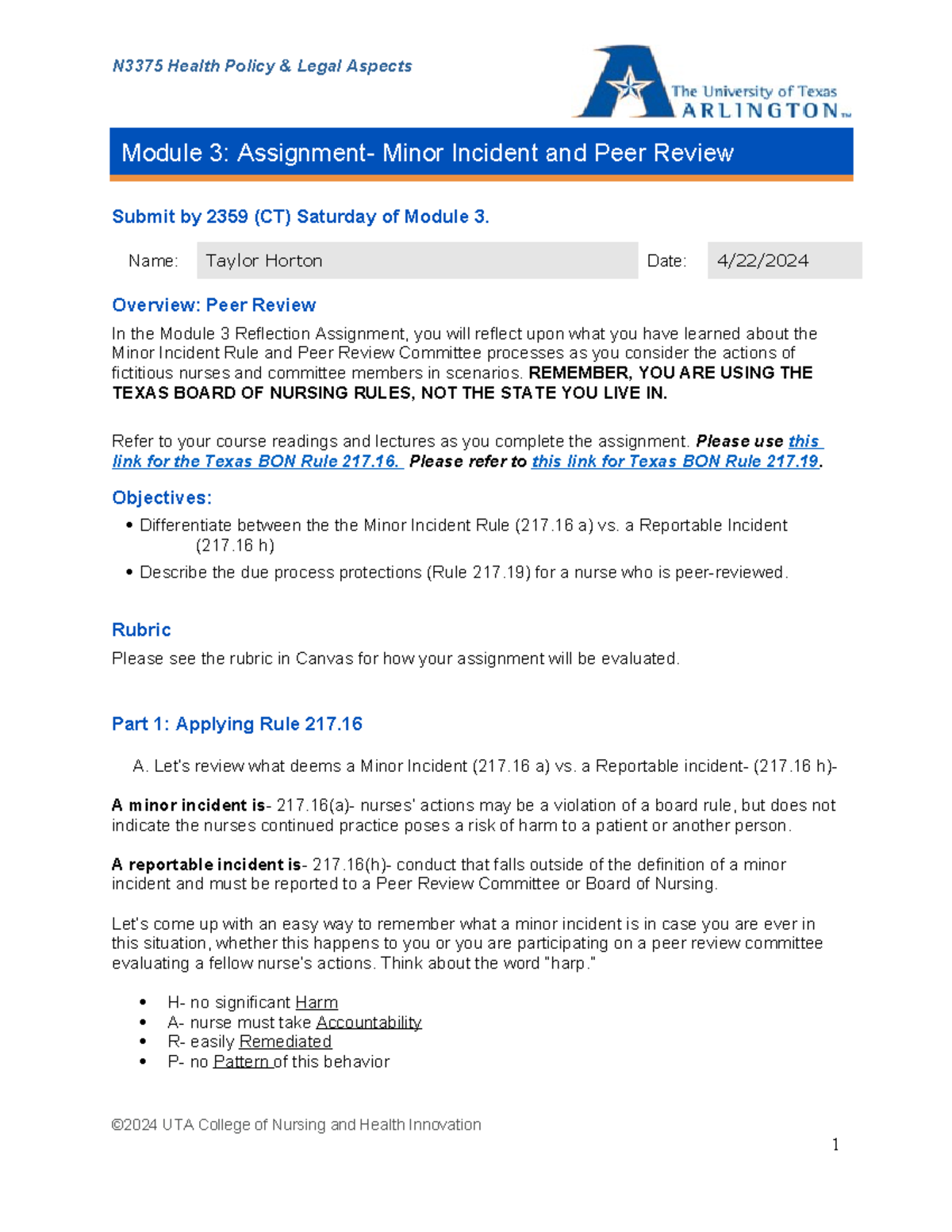 N3375-Module 3 Assignment 2024 - N3375 Health Policy & Legal Aspects ...