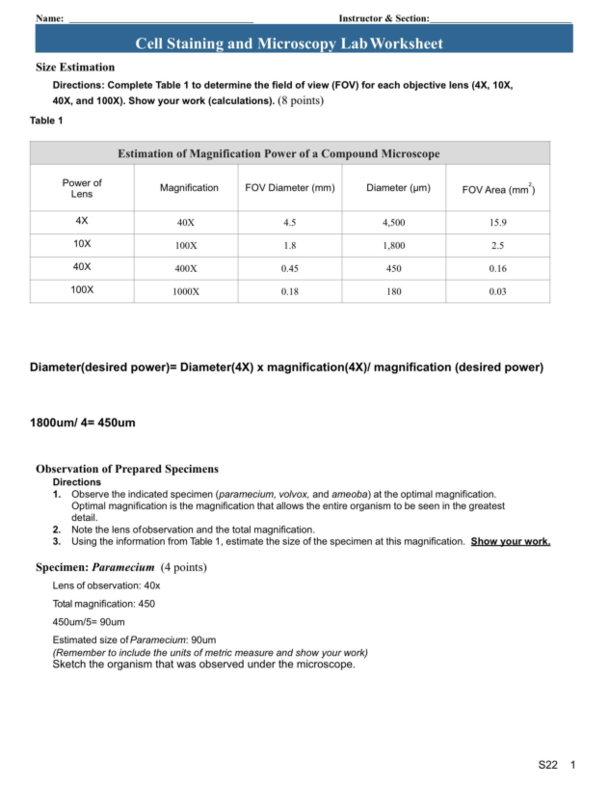 S22 Cell Staining and Microscopy Worksheet 2 - BIO-181L - Studocu