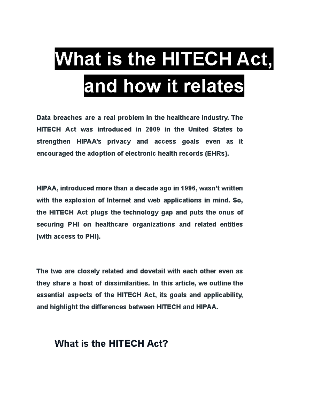 Big Data Analytics Hitech Act What is the HITECH Act, and how it