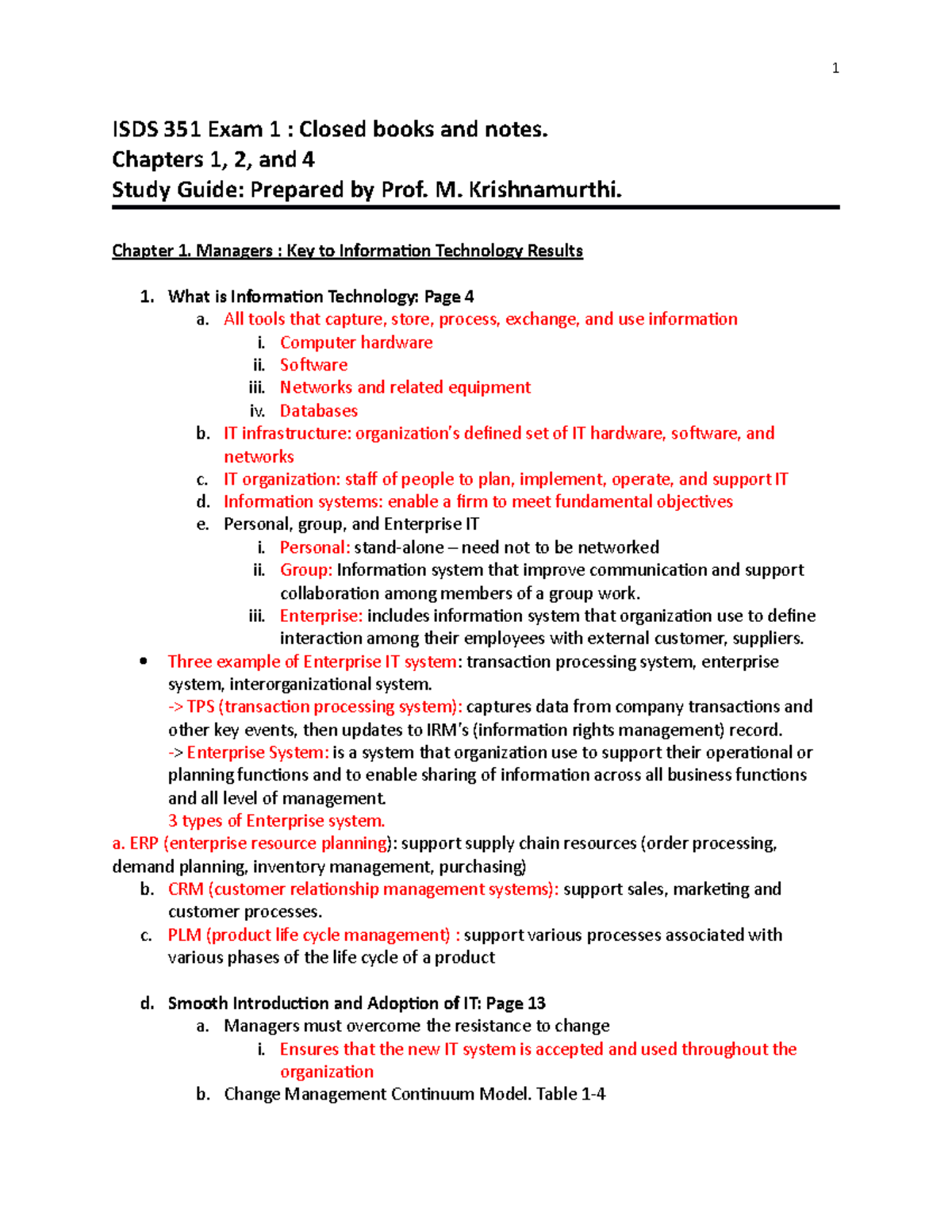 Exam 1 - Lecture notes 1-7 - 1 ISDS 351 Exam 1 : Closed books and notes ...