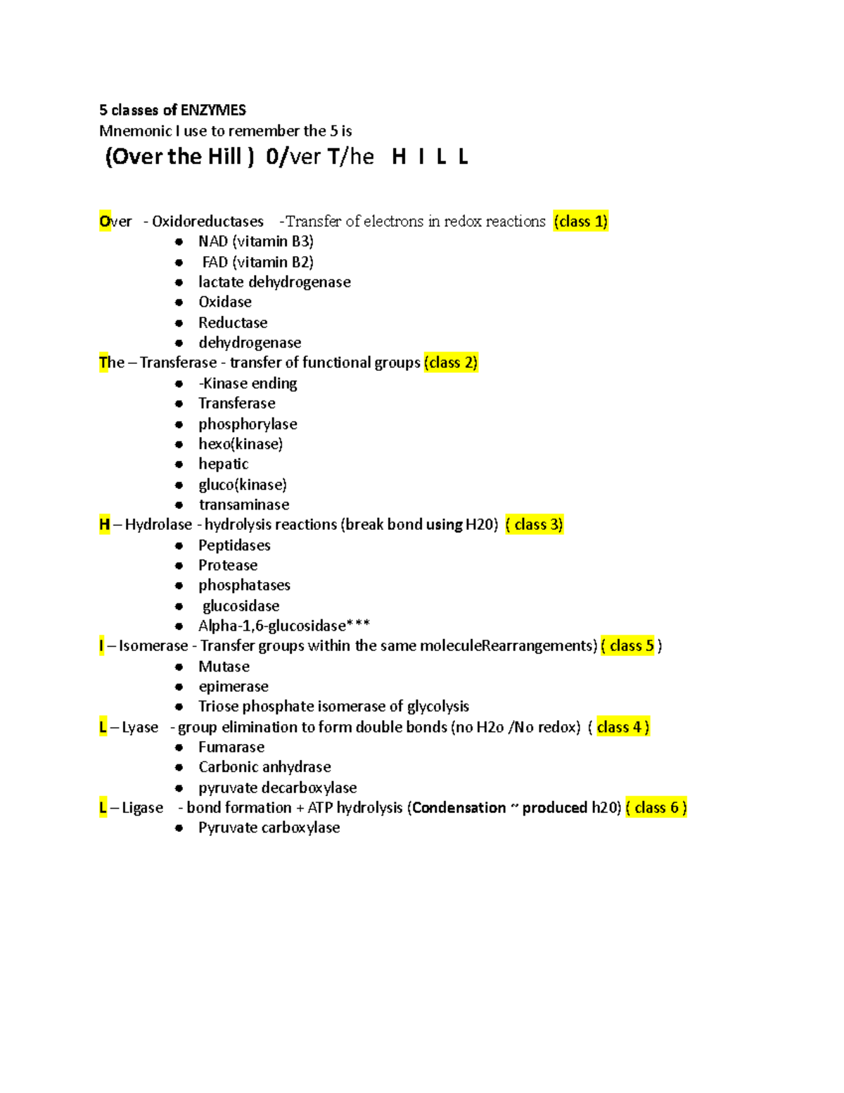 5 classes of Enzymes 5 classes of ENZYMES Mnemonic I use to remember