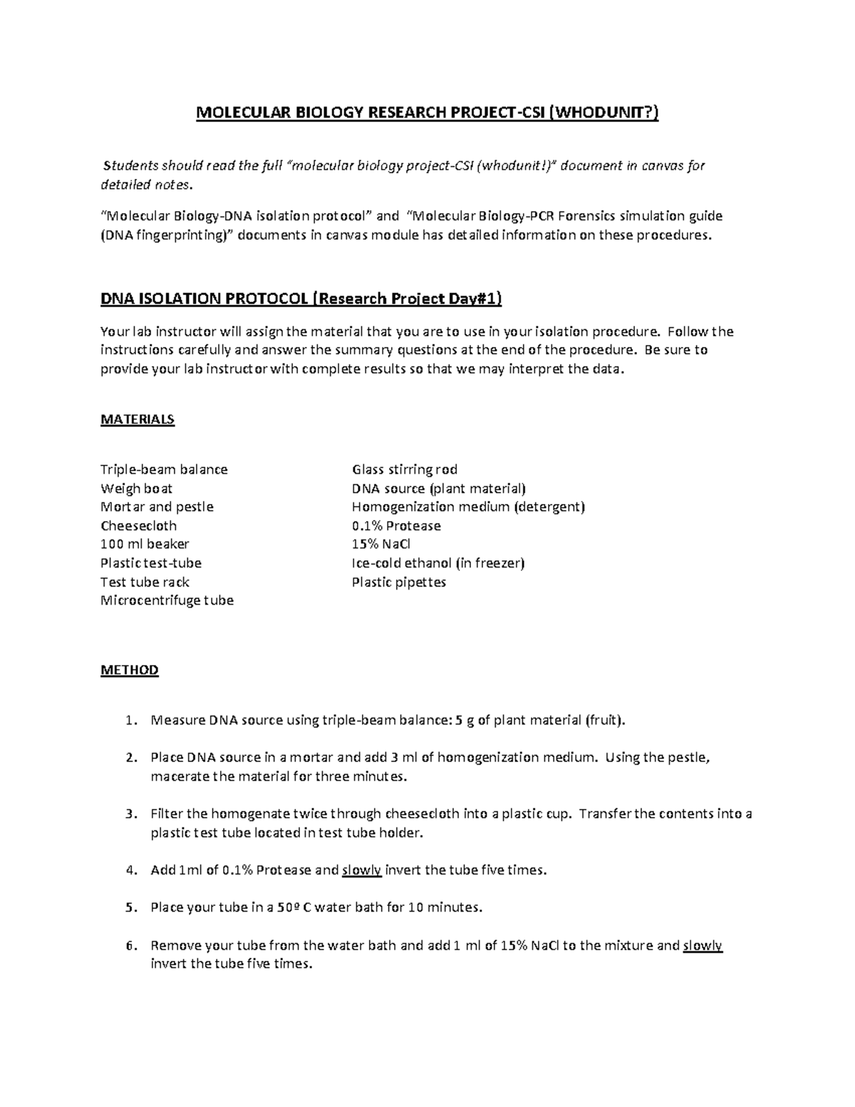 Lab Worksheet-Molecular Biology Project-CSI (Whodunit)-DNA Isolation ...