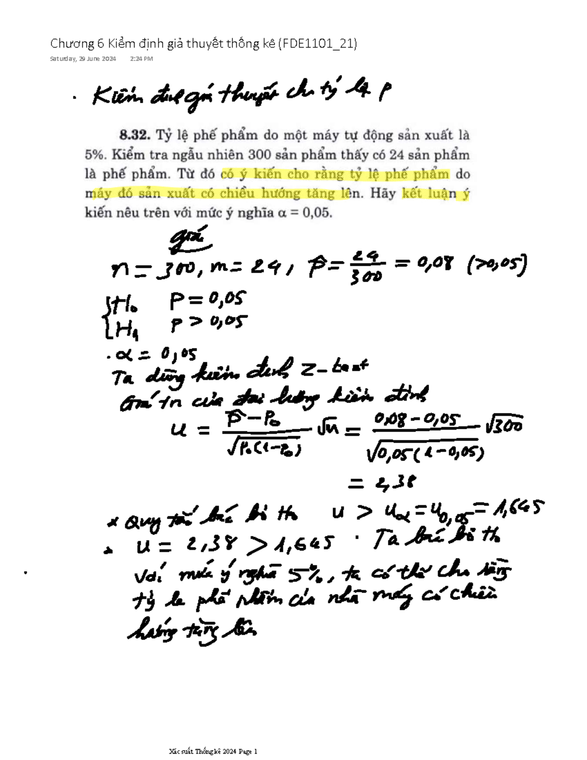 Kiểm định giả thuyêt-Online 29 6 2024 FDE1011 21 - xác suất thống kê ...